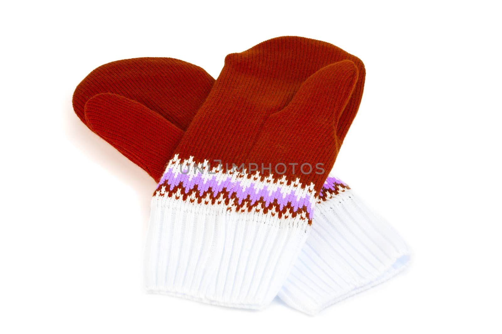 red and white knited mittens isolated on white background.