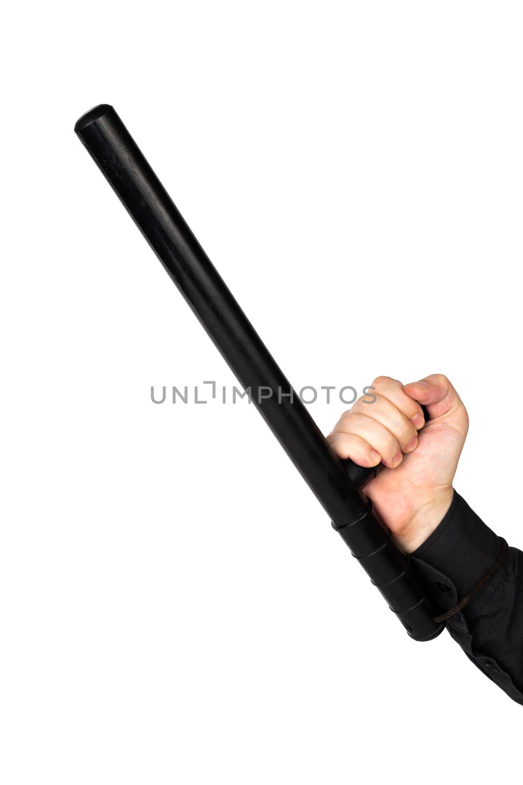 hand in black shirt with black rubber police baton isolated on white background.