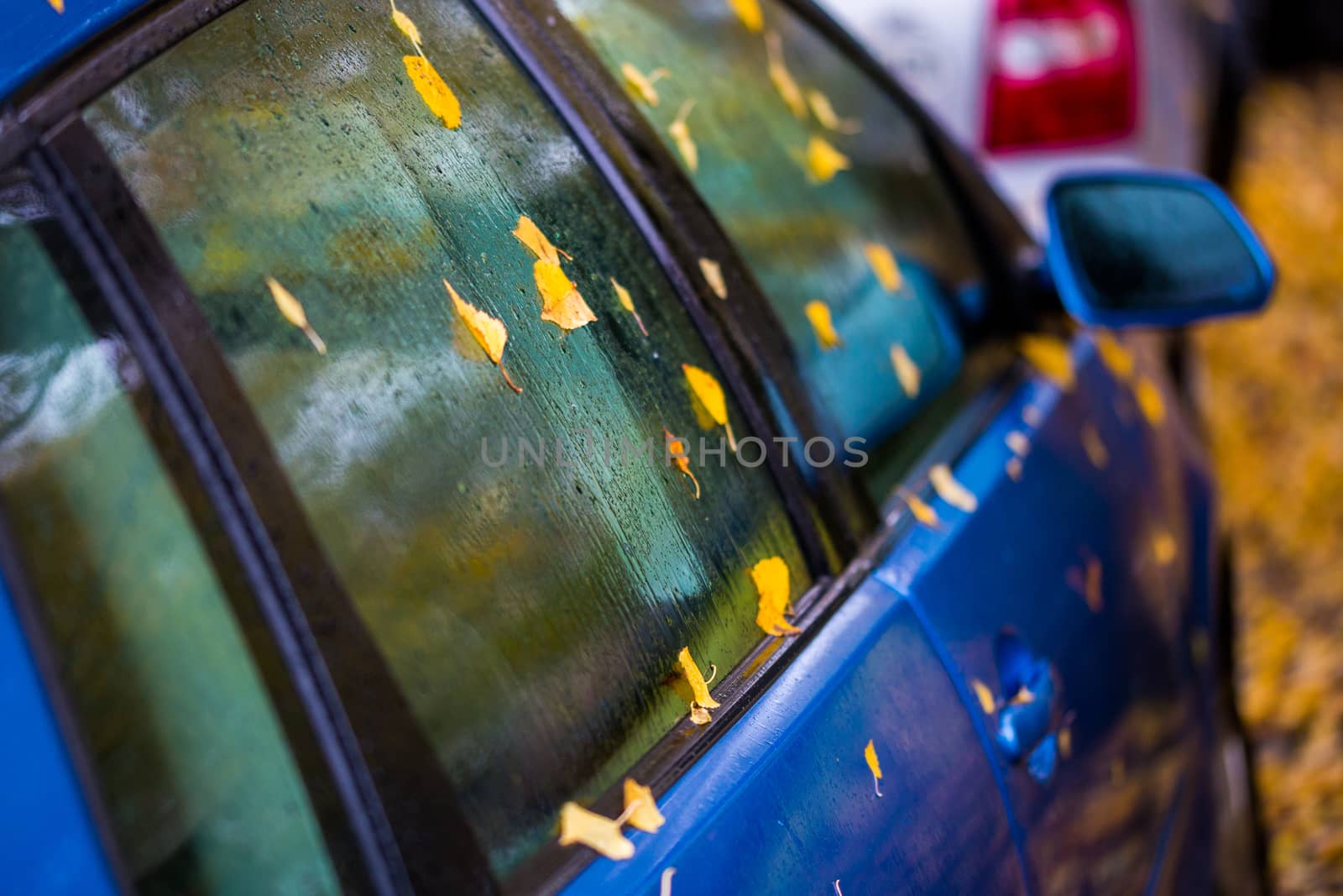 wet ultramarine blue car side at cloudy daylight with autumn leaves and selective focus