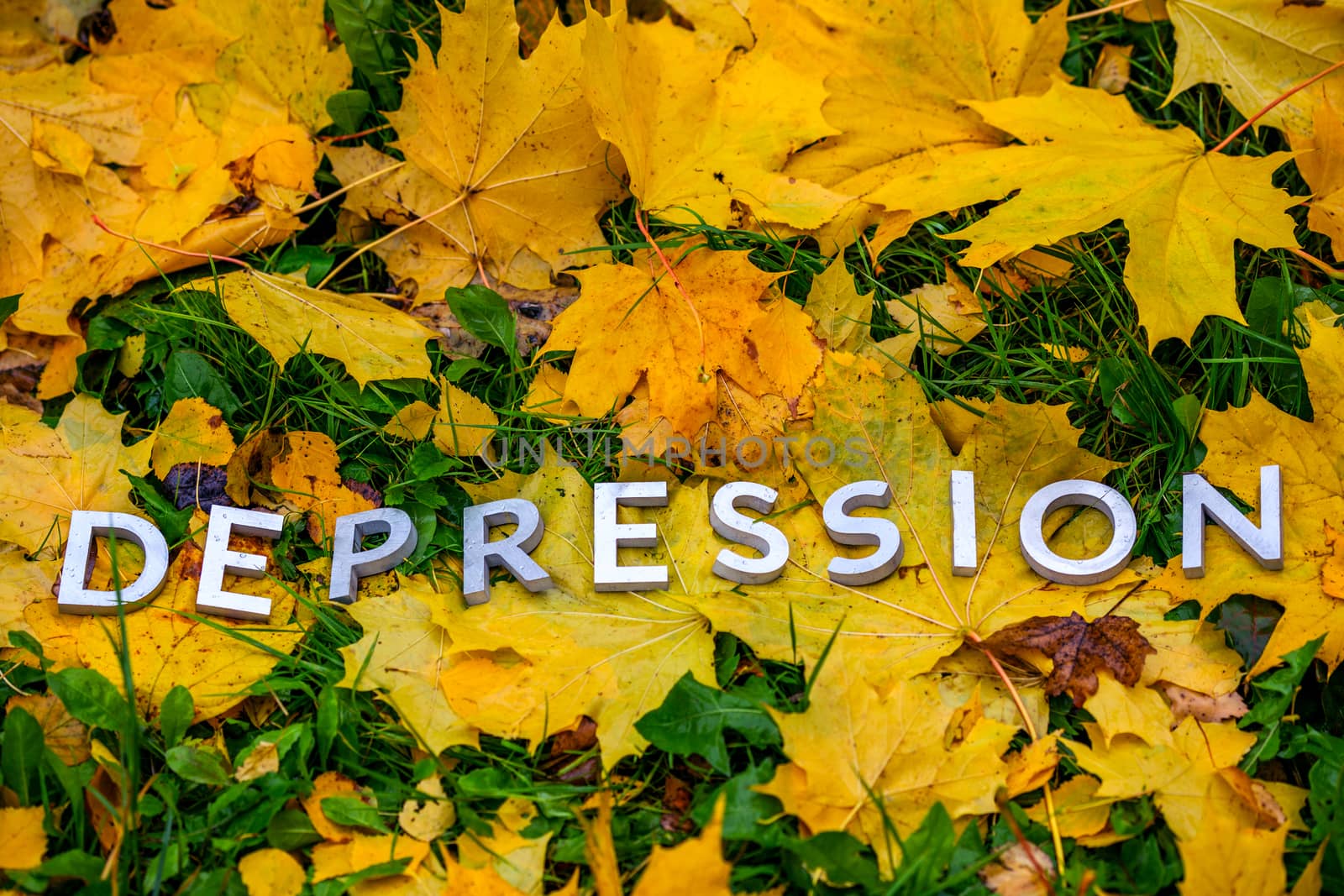 The word DEPRESSION laid with aluminium thick letters on the ground with maple leaves, green grass and copyspace. Fall season illness symbol.