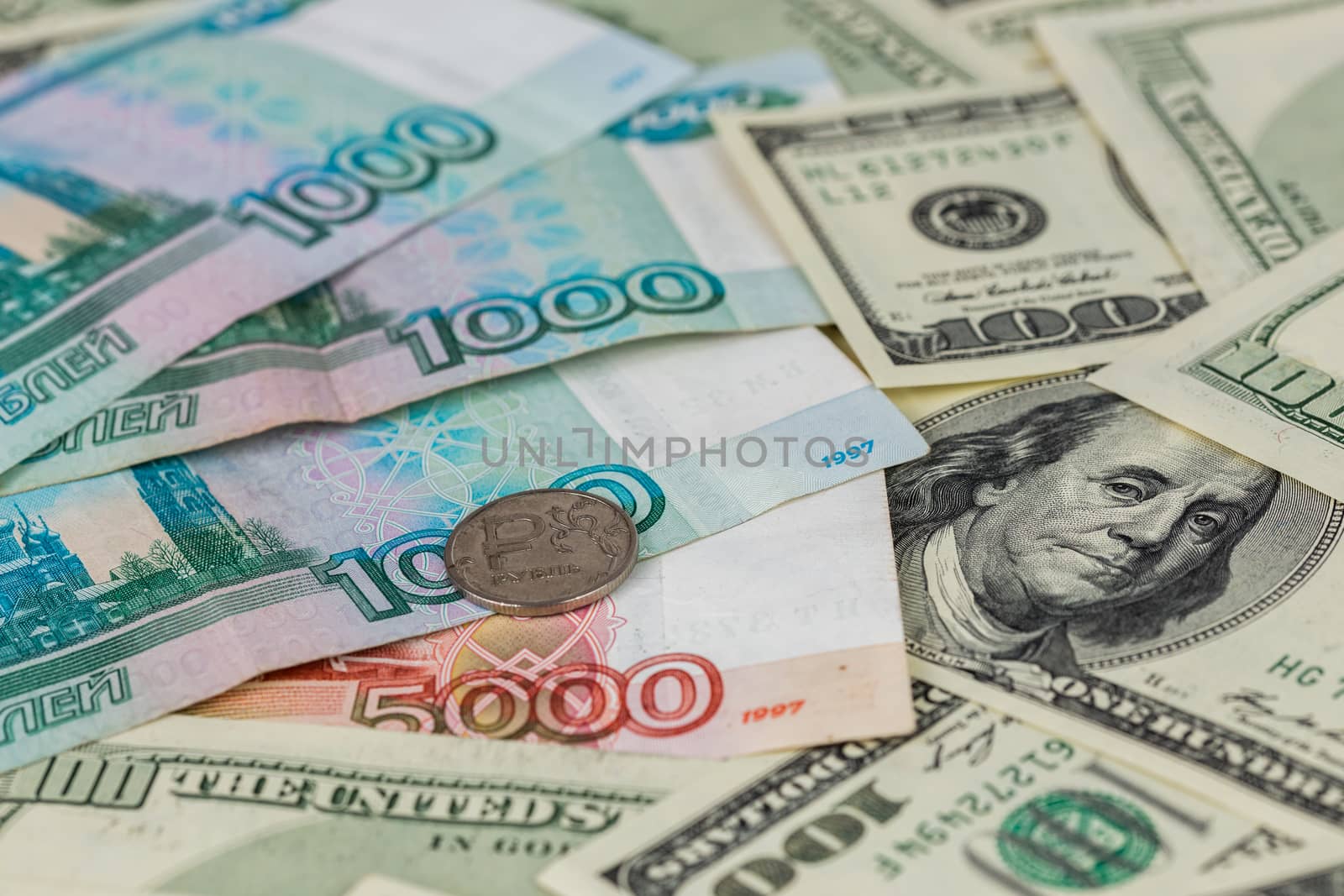 russian rubl and us dollar close-up background with selective focus.
