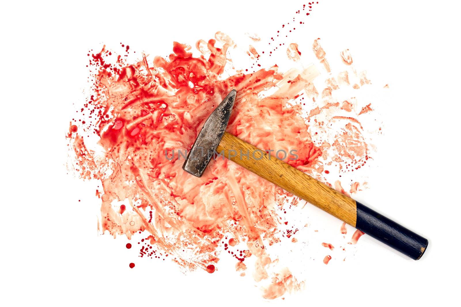 old hammer on human blood splatter isolated on white background in flat lay top-down perspective.