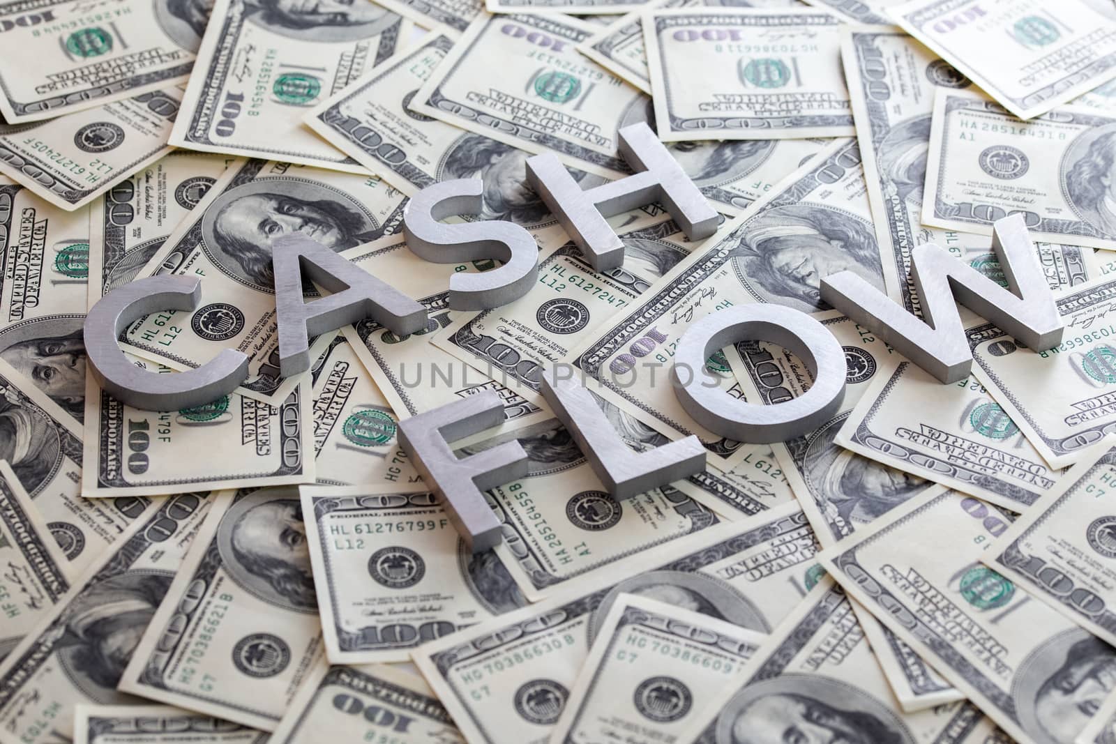 The word CASH FLOW - fear of missing out - laid with aluminium letters on the US dollar banknotes background - with selective focus and diagonal composition.