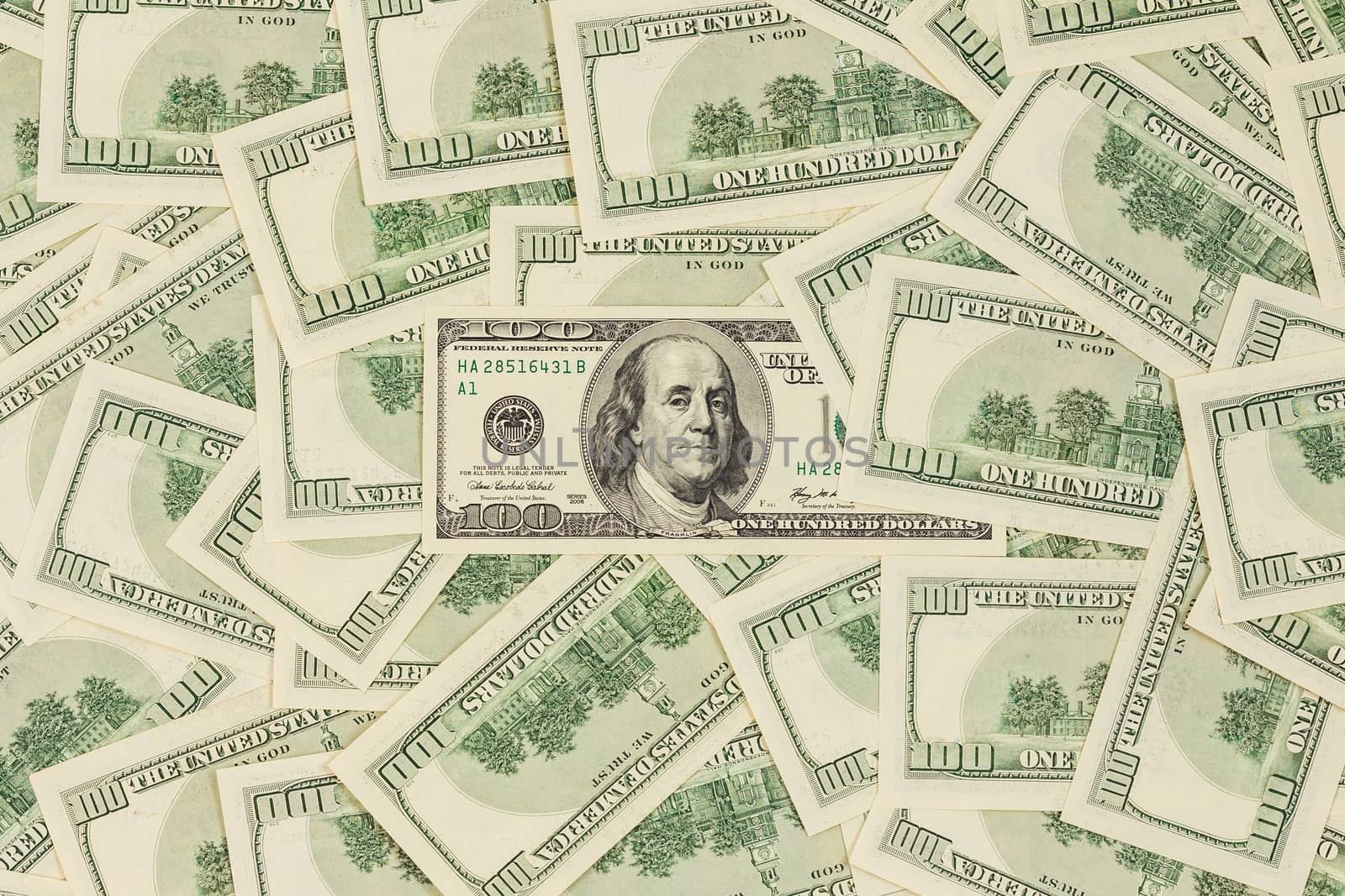 one hundred us dollar banknotes flat background with central composition