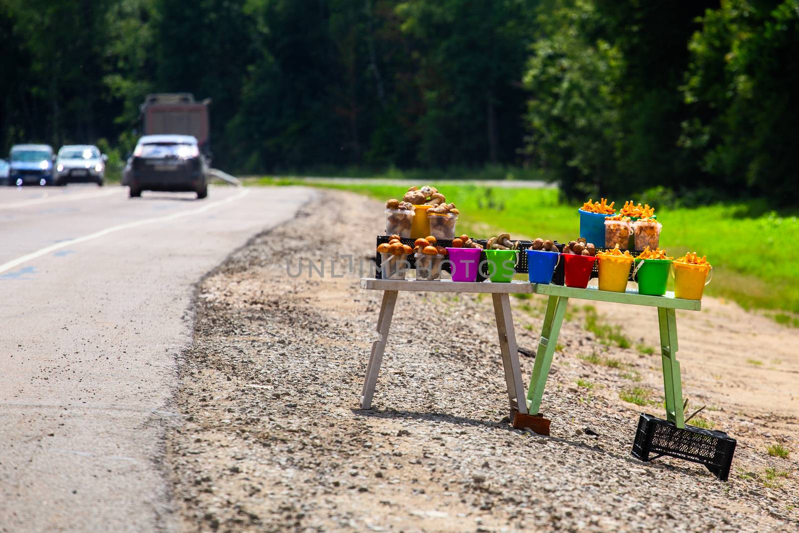Roadside mushroom sale with selective focus and blurry forest background. Daytime with sunny weather.