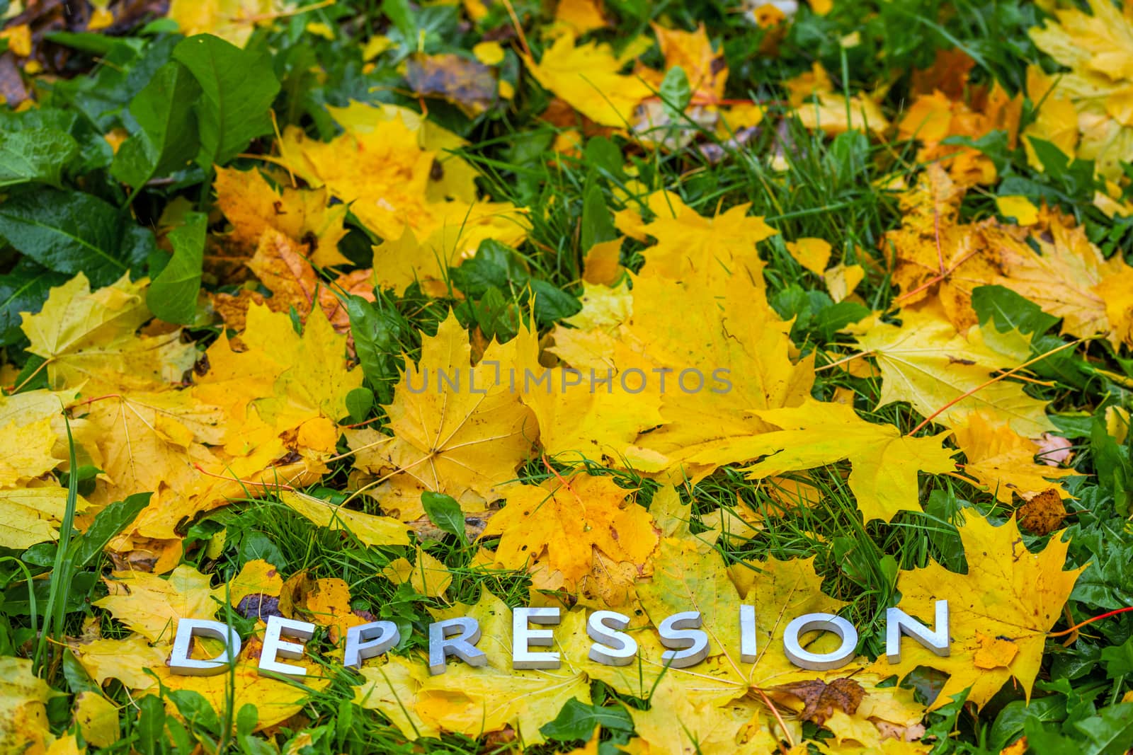 The word DEPRESSION laid with aluminium thick letters on the ground with maple leaves, green grass and copyspace. Fall season illness symbol.