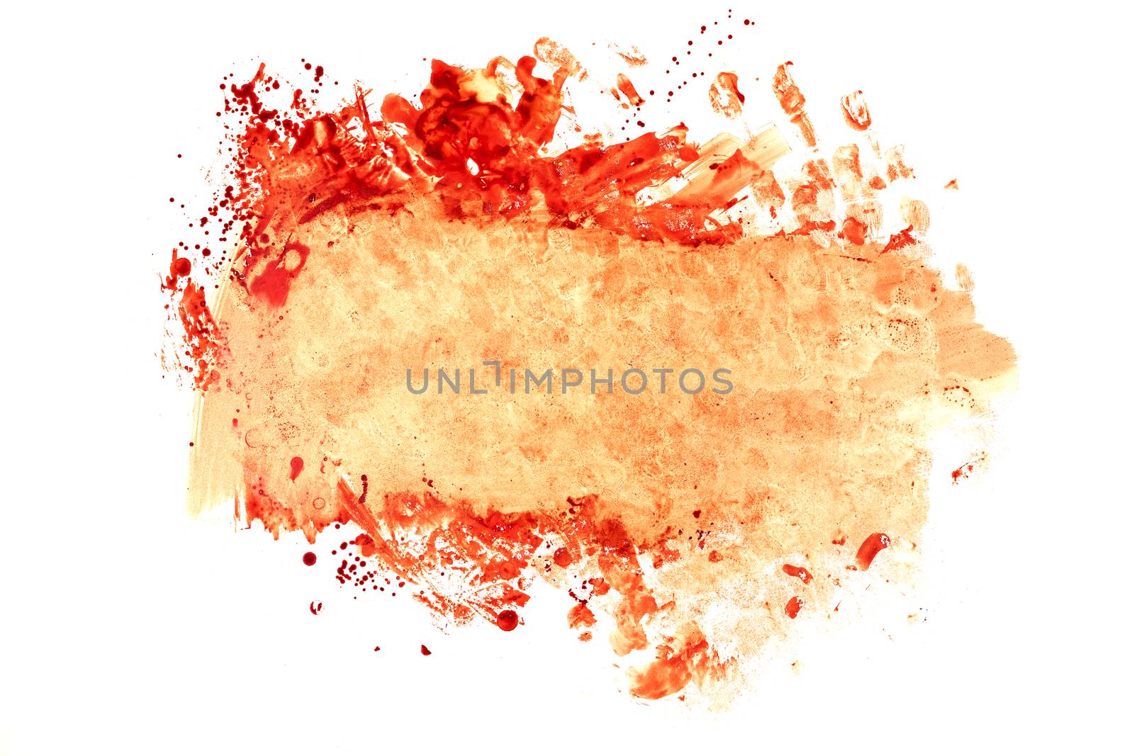 blood and gore splatter on horisontal surface mockup isolated on white background in top-down flat lay perspective