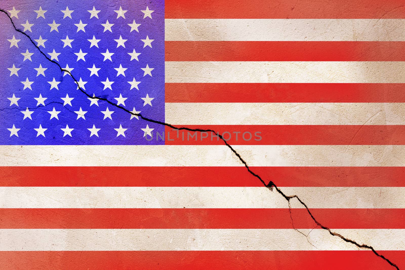 USA flag painted on cracked wall after earthquake disaster - flat texture.