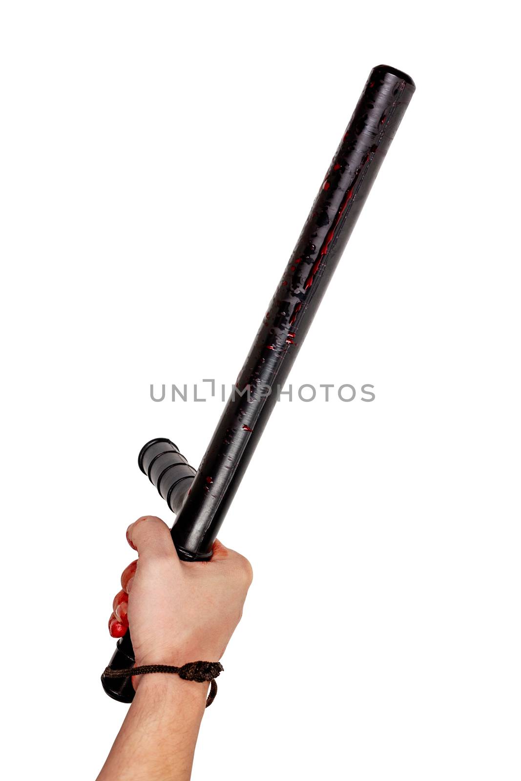Bloody hand holding black rubber police baton with blood splats - isolated on white background. Natural human arm and blood used.,