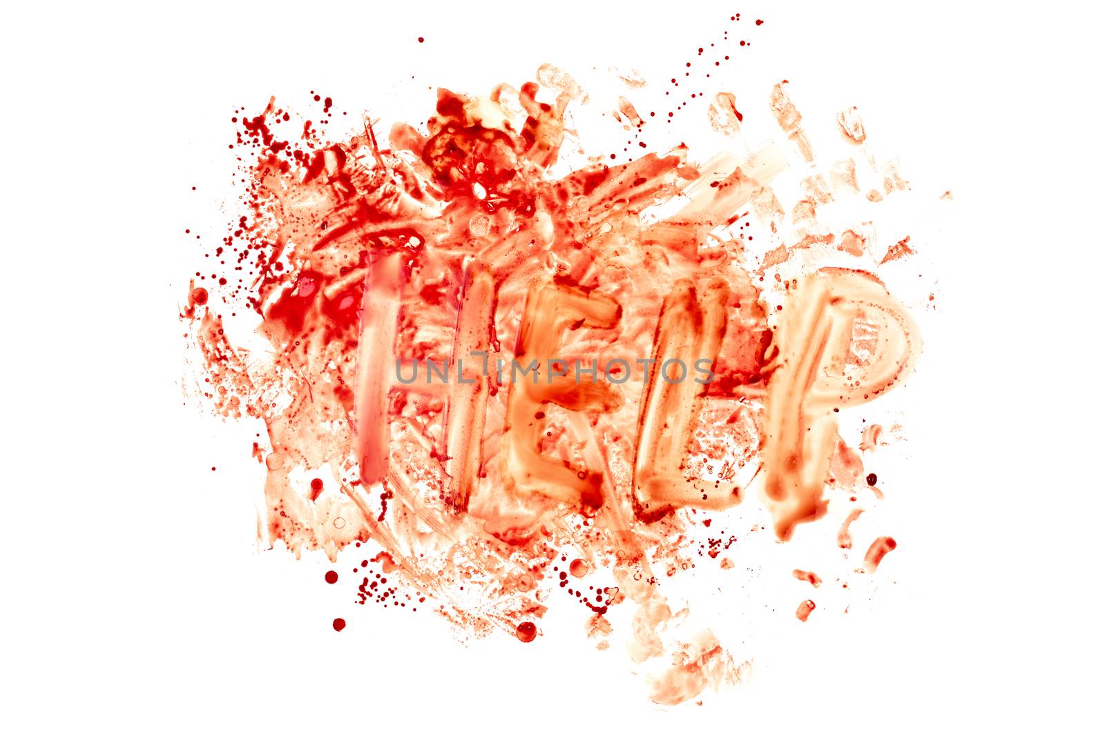 blood splatter with word HELP isolated on white background in top-down flat lay perspective.