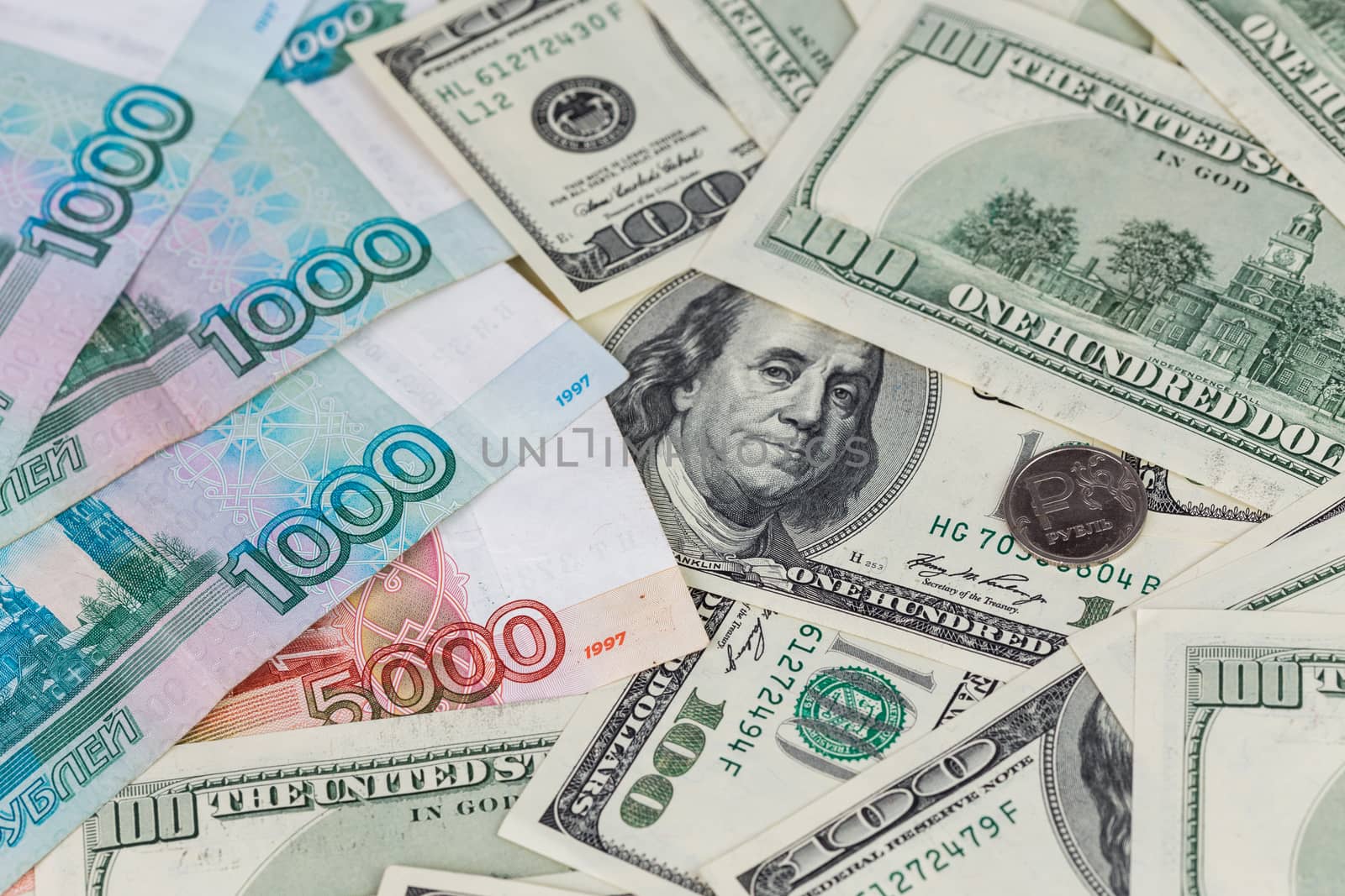 us dollars and russian rubles close-up background with selective focus.