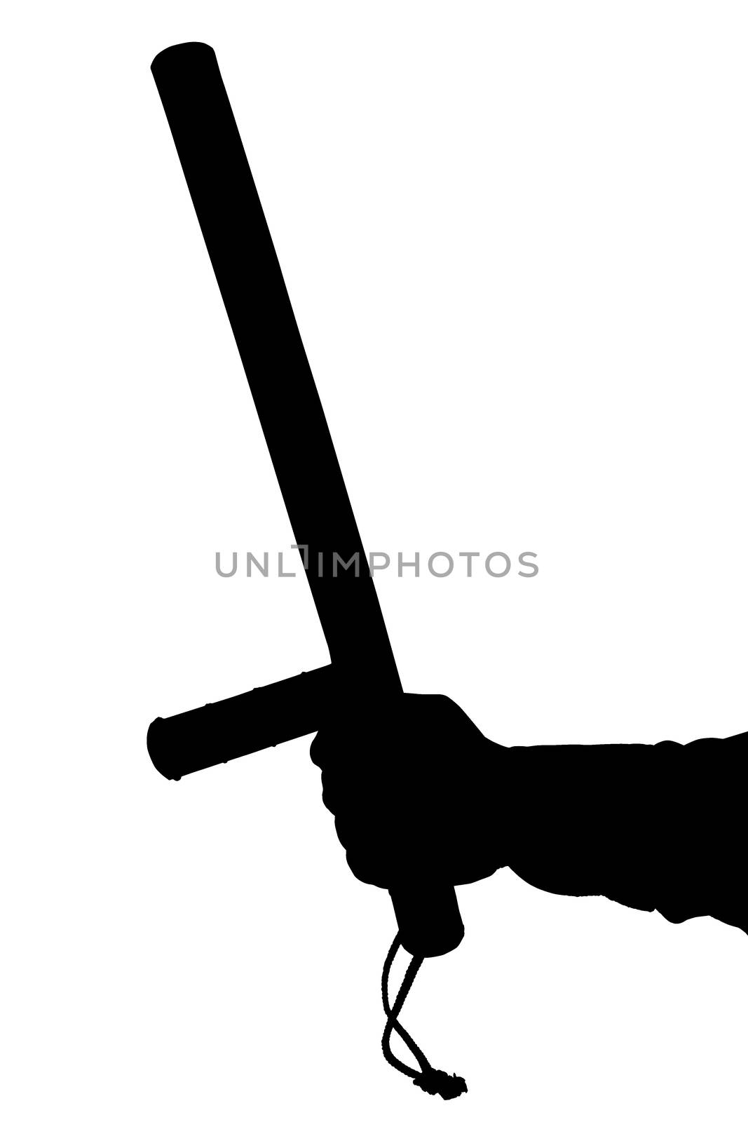 a black and white silhouette of hand in shirt with rubber police baton isolated on white background.