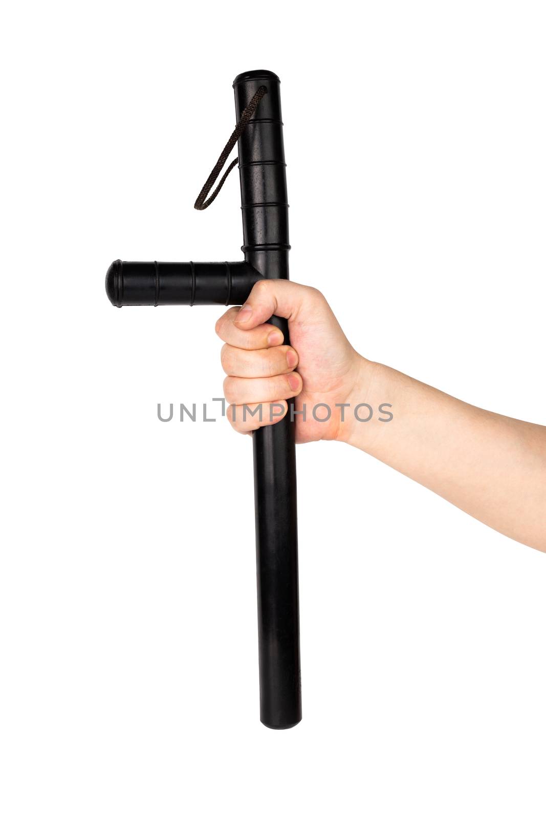 bare hand with black rubber police baton isolated on white background.