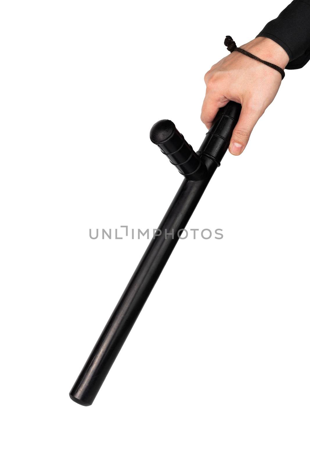 hand in black shirt with black rubber police baton isolated on white background.