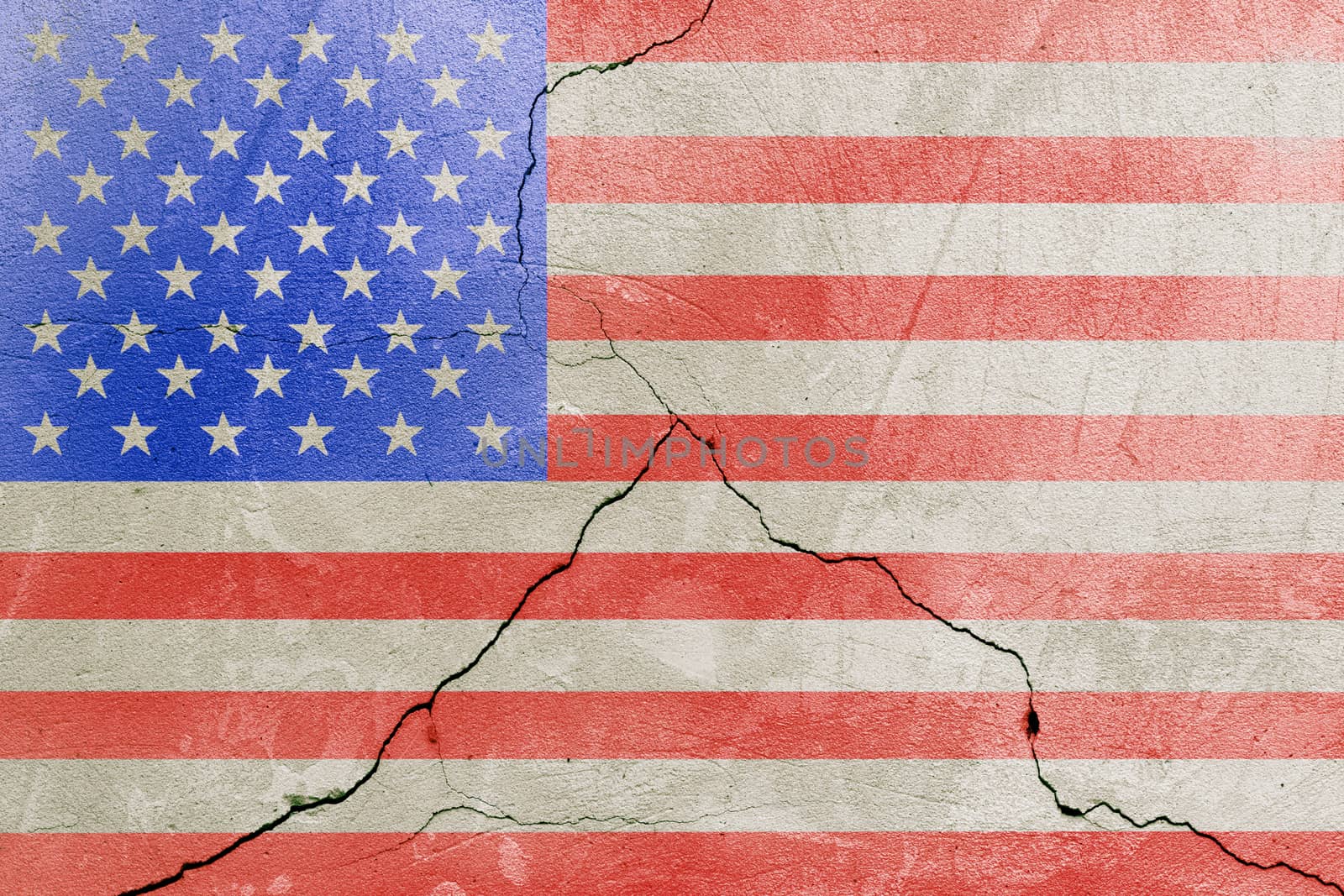 USA flag painted on cracked wall after earthquake disaster - flat texture.
