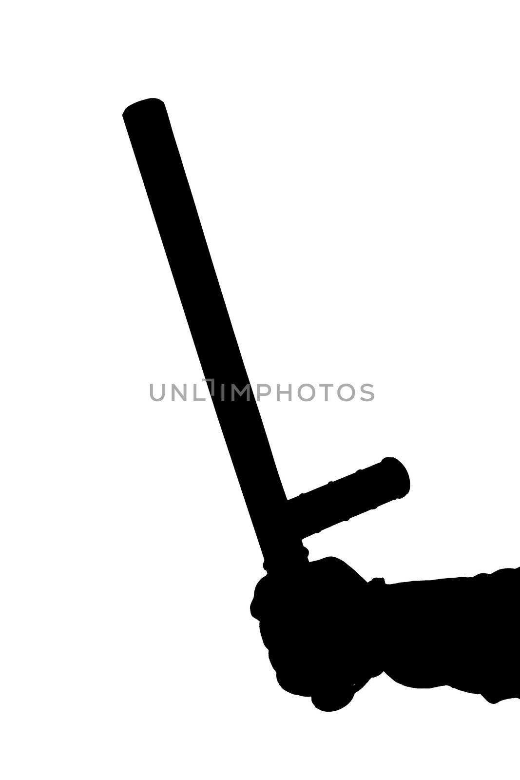 a black and white silhouette of hand in shirt with rubber police baton isolated on white background.