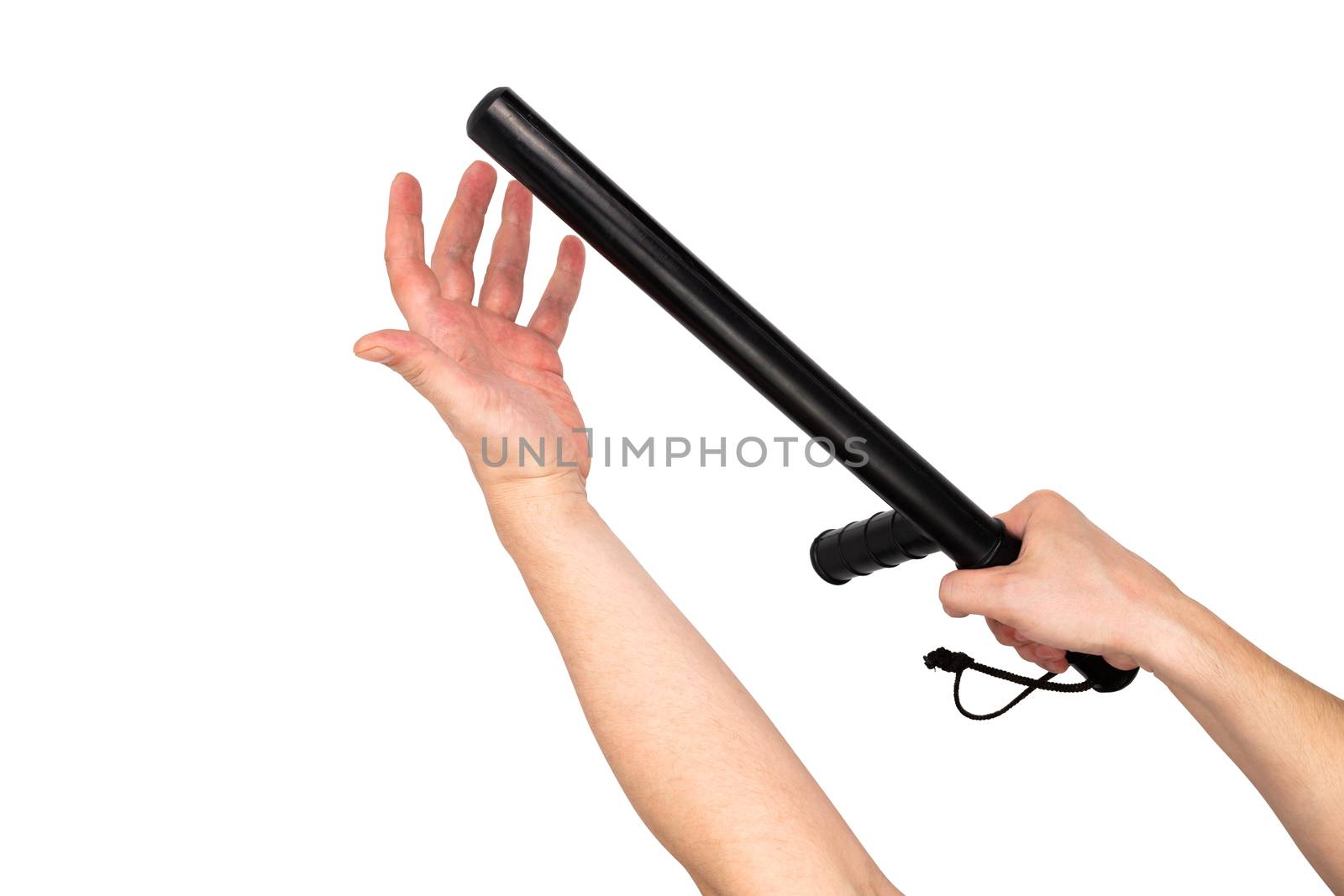 two white arms holding black rubber police baton isolated on white background