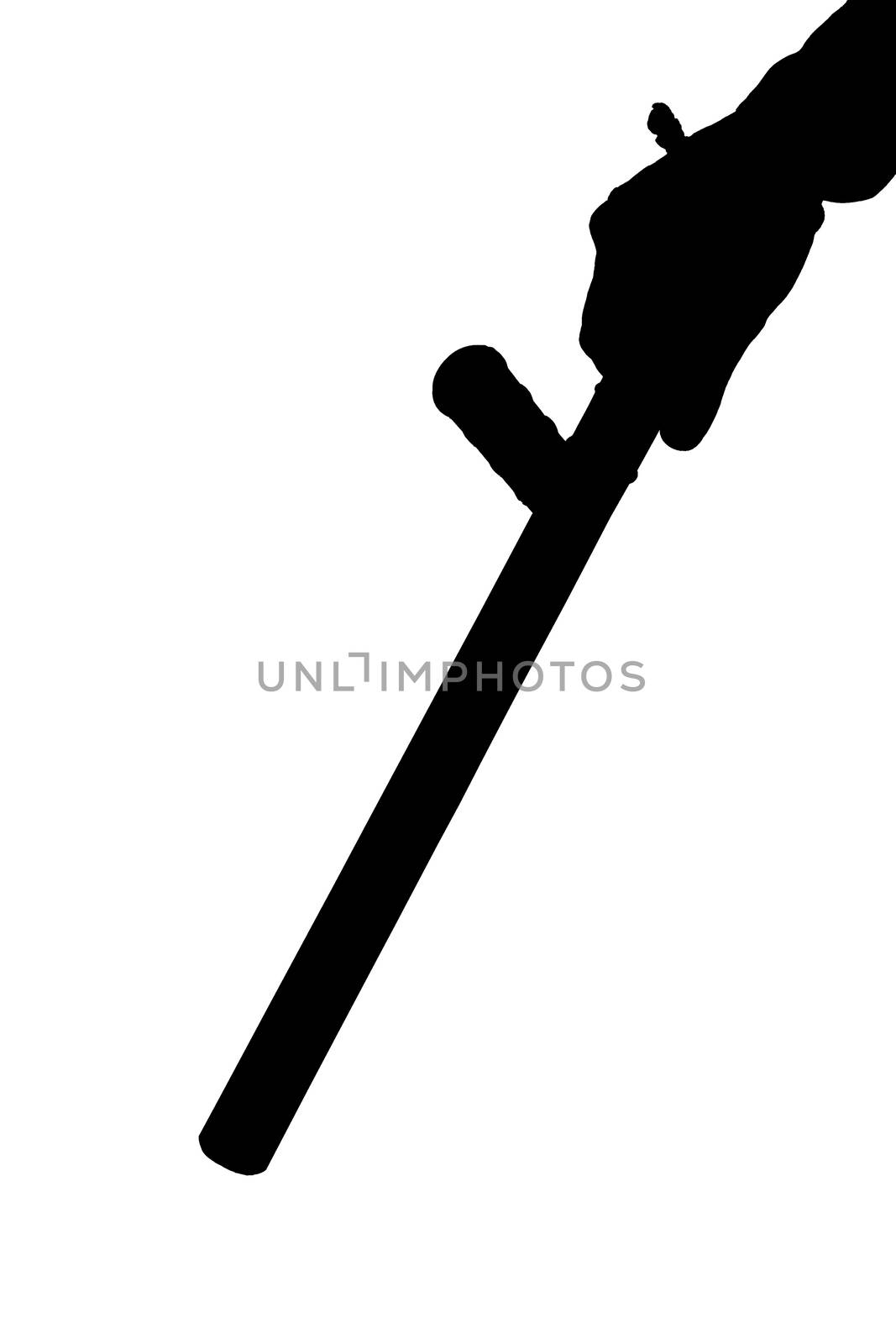 a black and white silhouette of hand in shirt with rubber police baton isolated on white background.