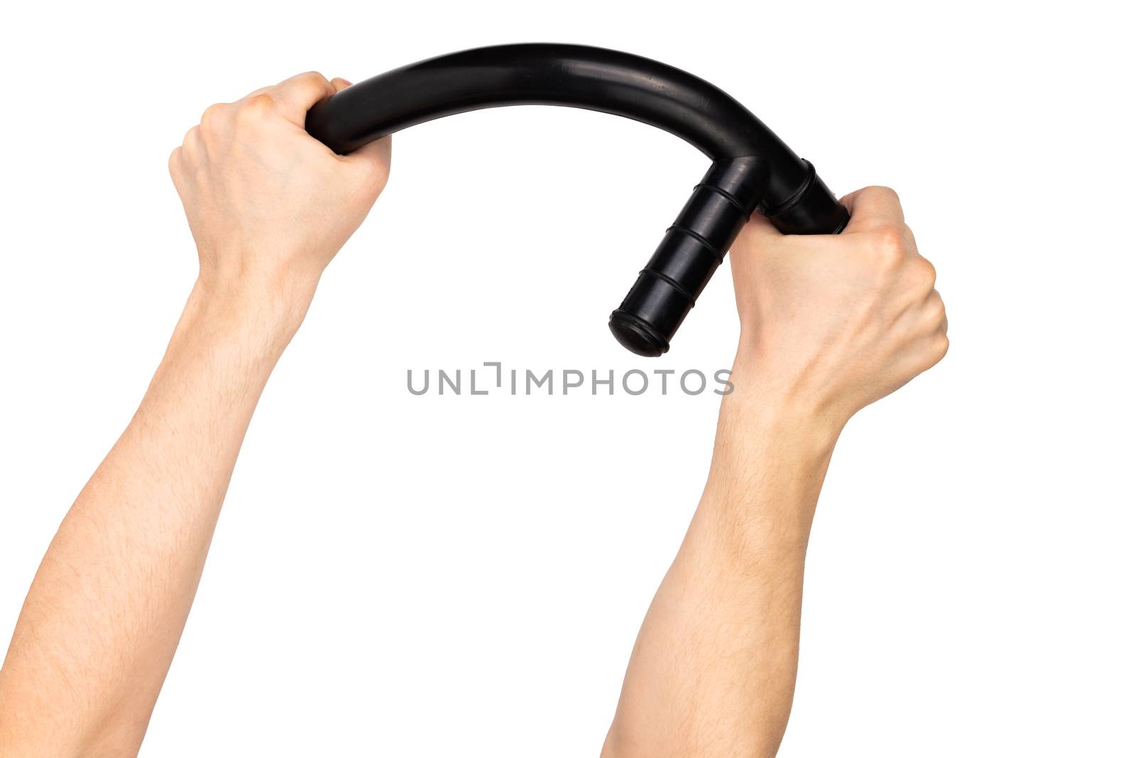 two white arms bending black rubber police baton isolated on white background.