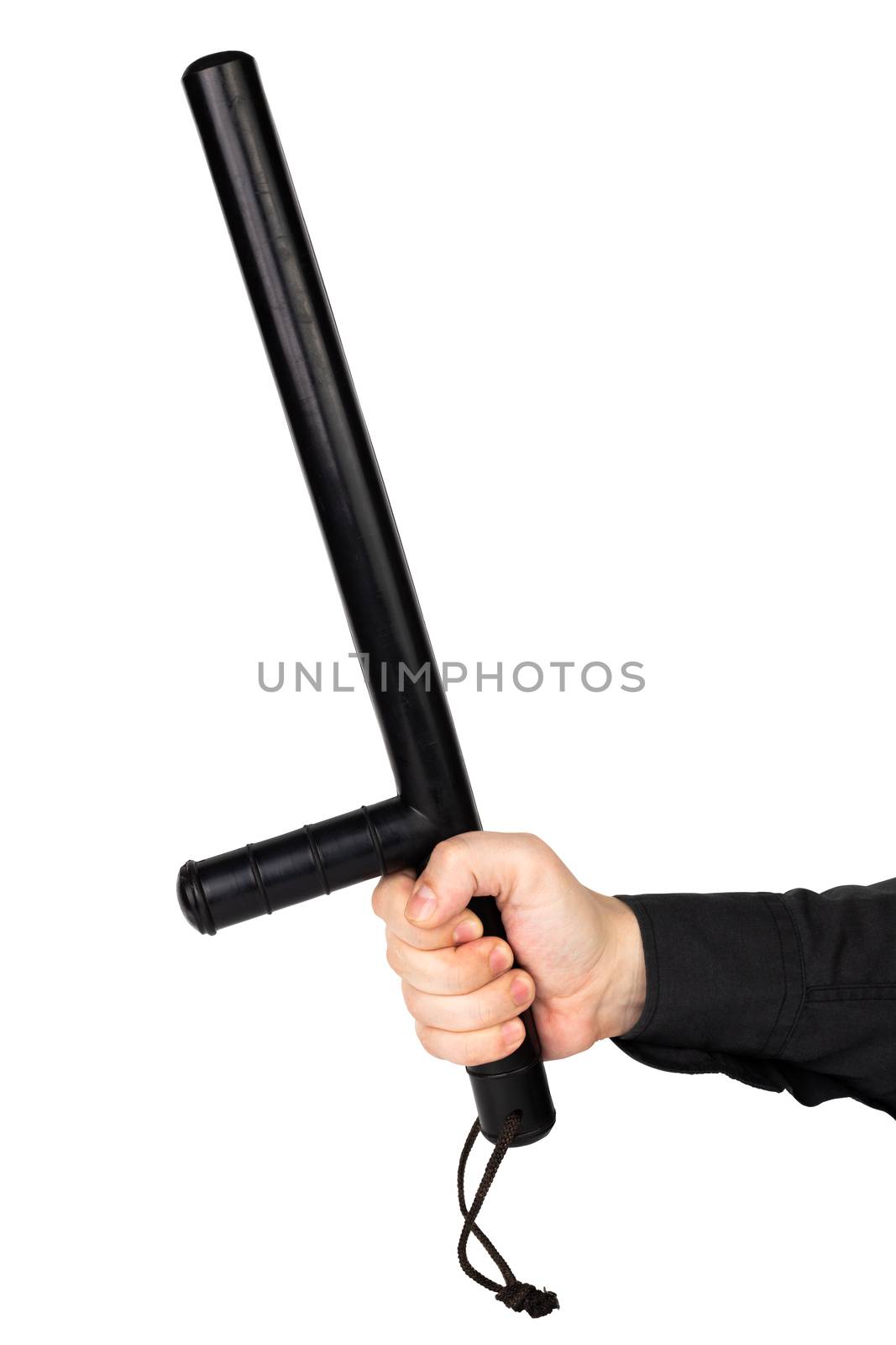 hand in black shirt with black rubber police baton isolated on white background.