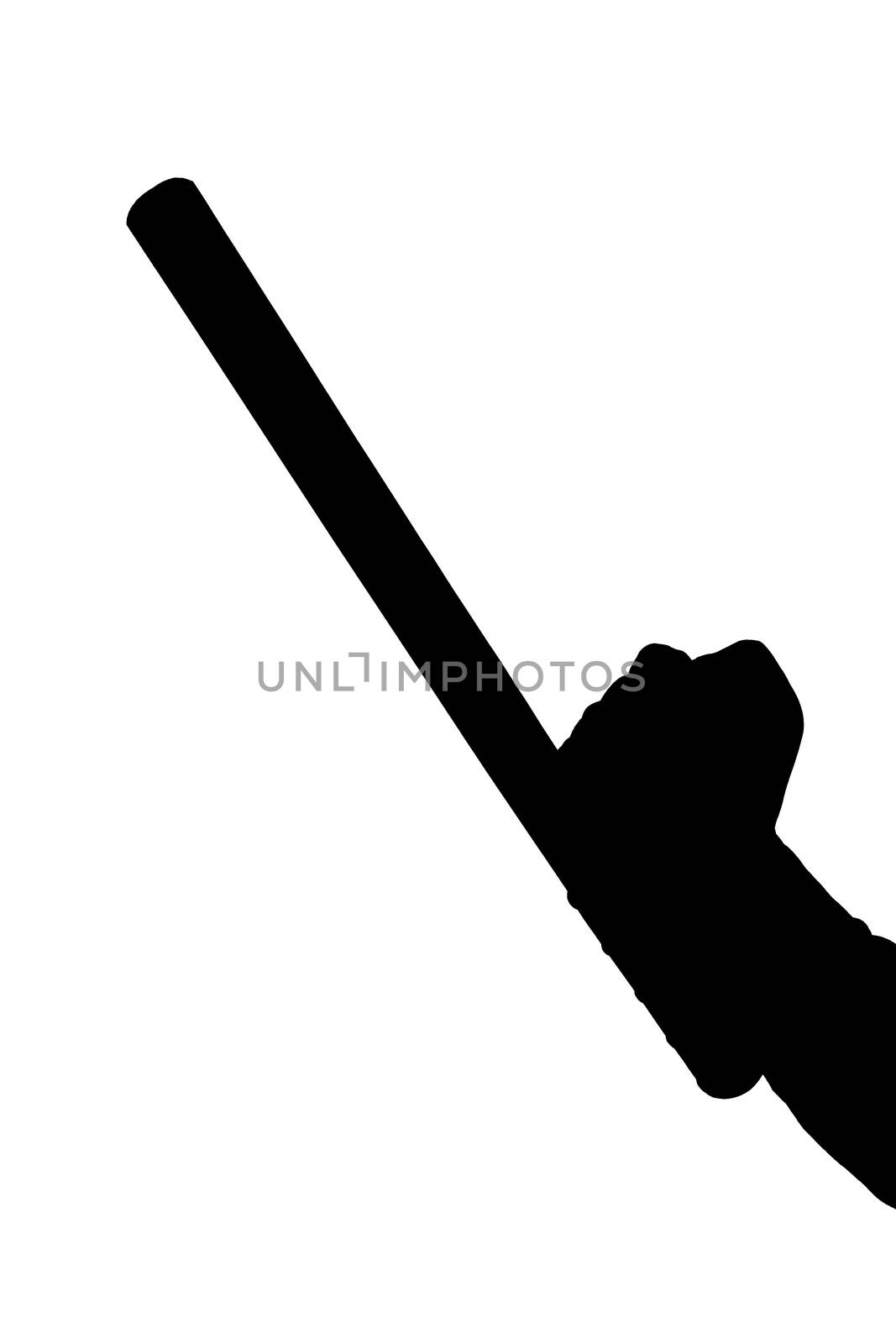 a black and white silhouette of hand in shirt with rubber police baton isolated on white background.