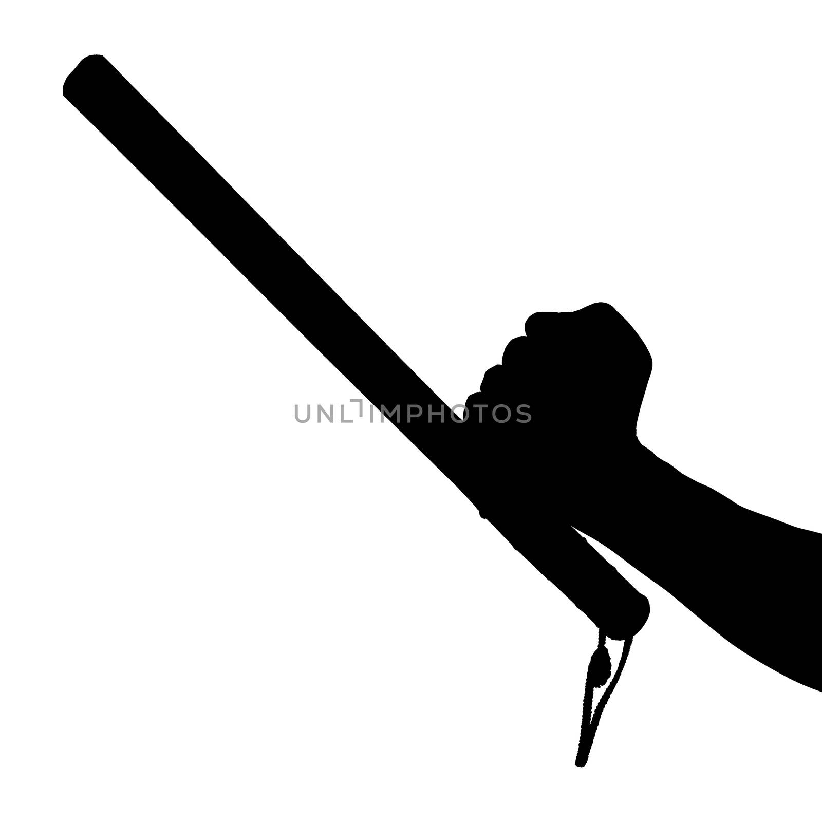 a black and white silhouette of bare hand with rubber police baton isolated on white background by z1b