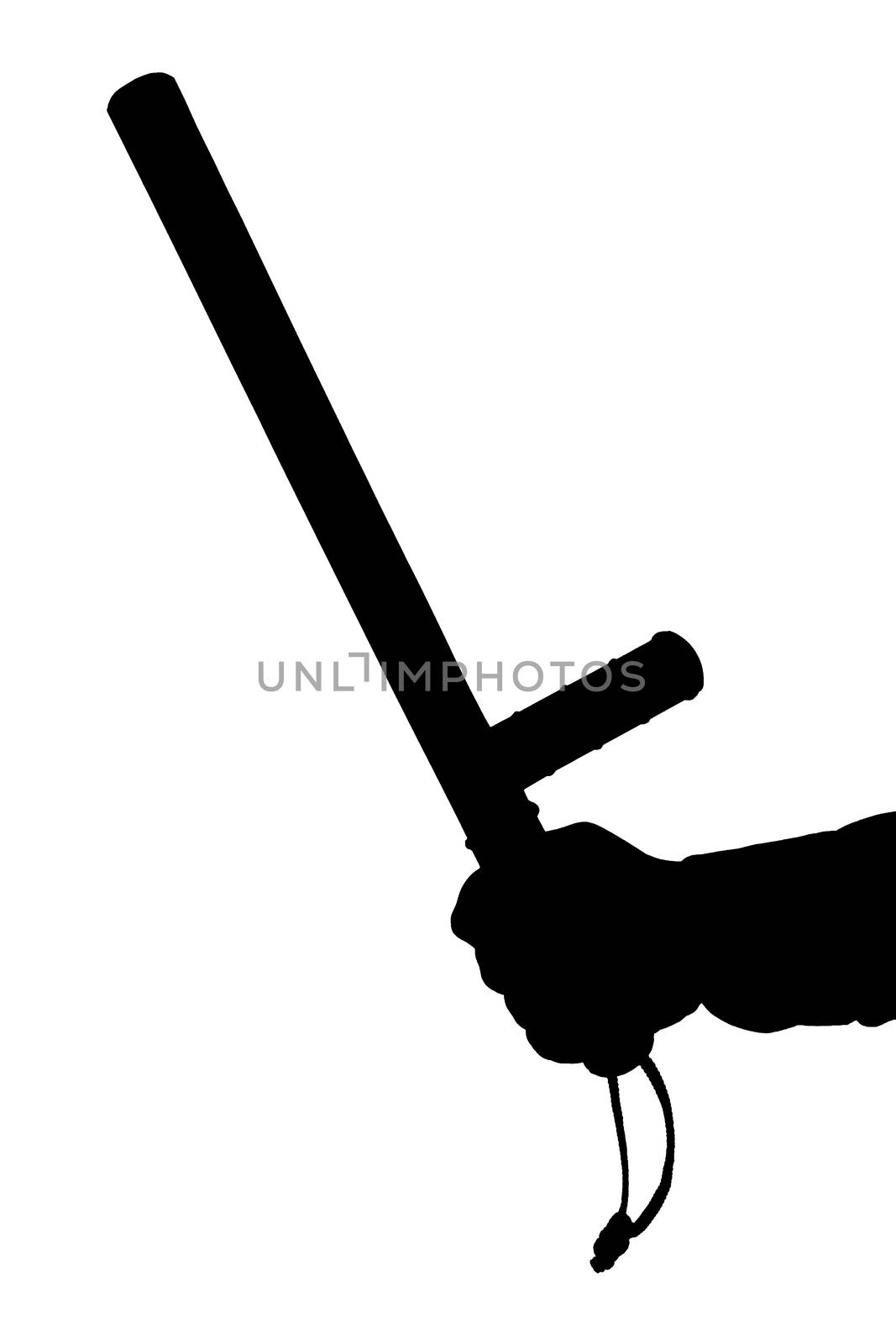 a black and white silhouette of hand in shirt with rubber police baton isolated on white background.