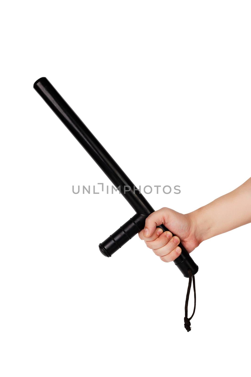 bare hand with black rubber police baton isolated on white background.