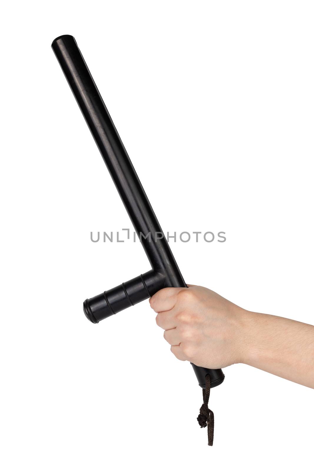 bare hand with black rubber police baton isolated on white background.