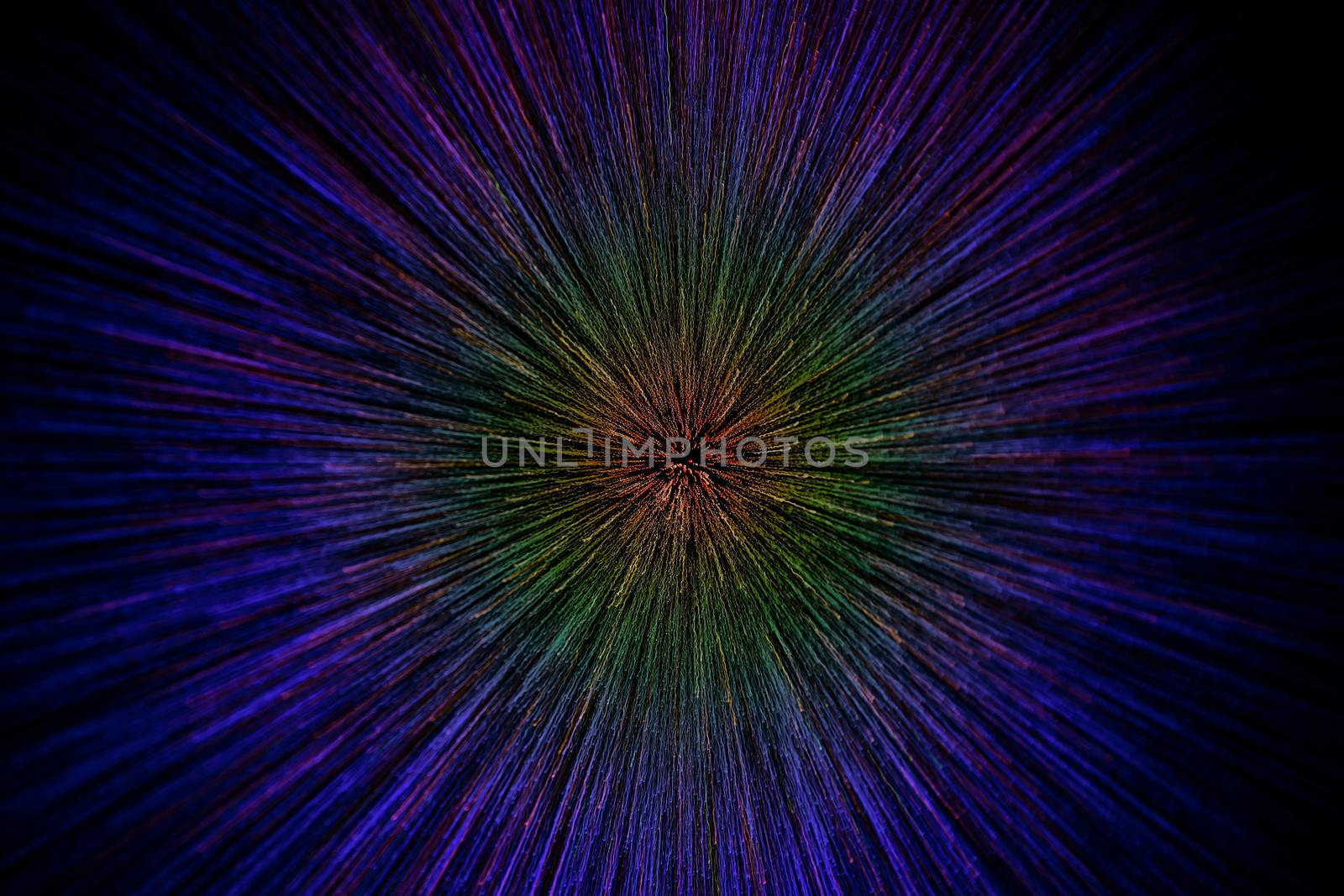 natural lens zoom explosion radial gradient color blurred dots on black background with selective focus.
