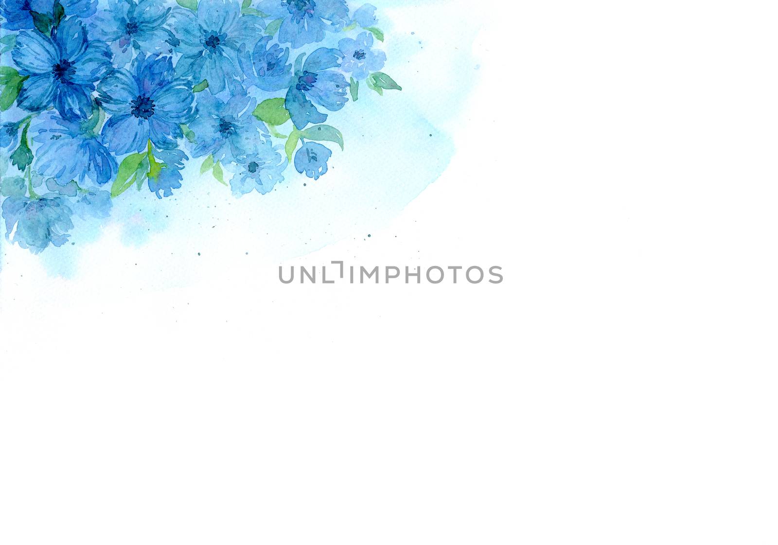 frame of indigo blue turquoise flower. Watercolor hand painting illustration. Floral decorative element for greeting card, wedding invitation and summer ads. by Ungamrung