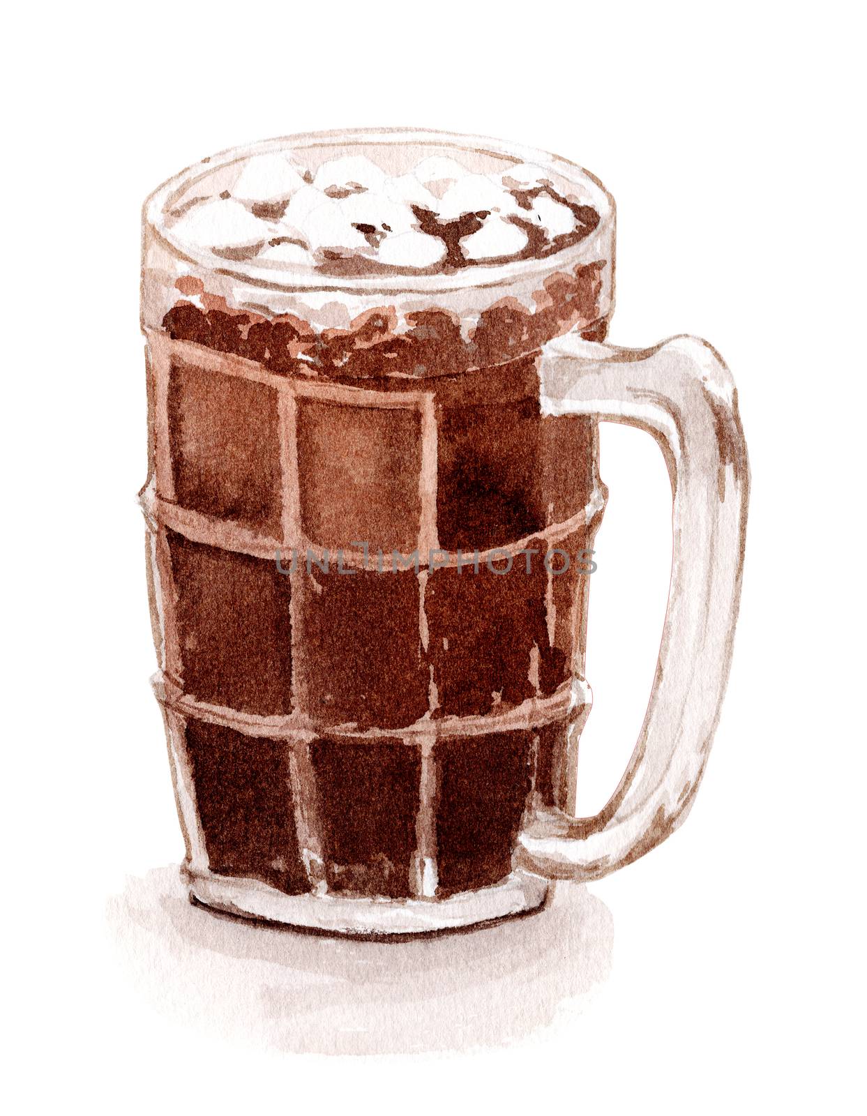 O-Liang, iced black coffee in Thai local style. Popular drinks in the 90s. watercolor hand-painting illustration in a realistic style.
