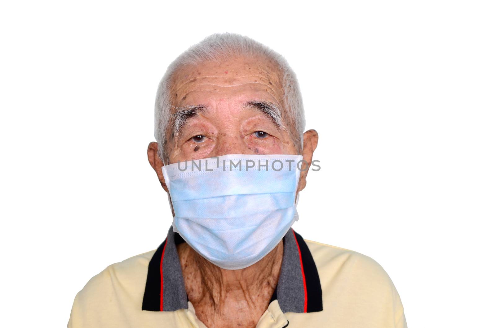 Portrait of an asian senior man, 80 years old wearing medical mask. A concept of the danger of coronavirus for the elderly.