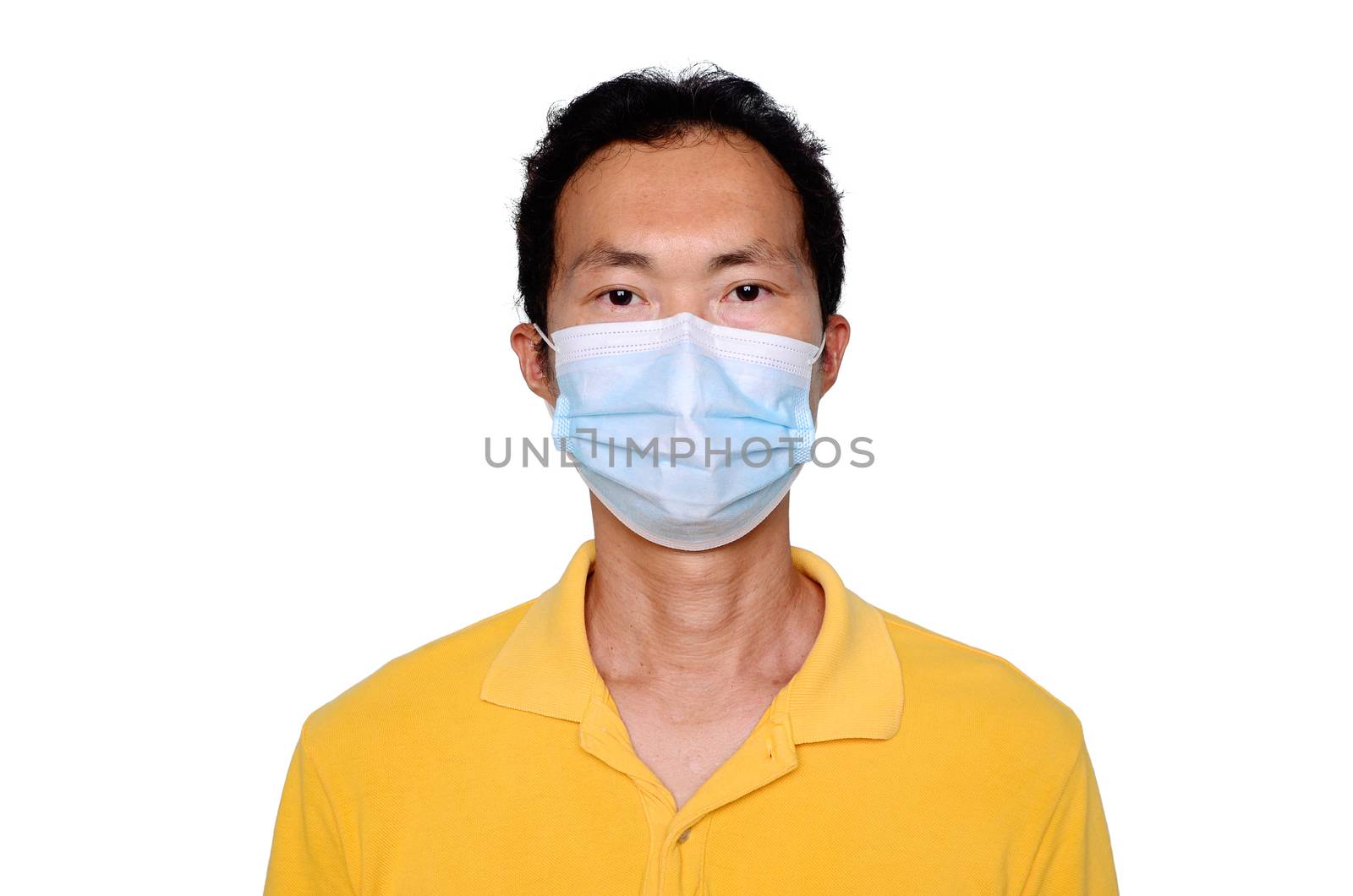 Asian middle age man in blue t-shirt wearing medical mask, isolated on white background. Coronavirus or covid-19 protection concept.
