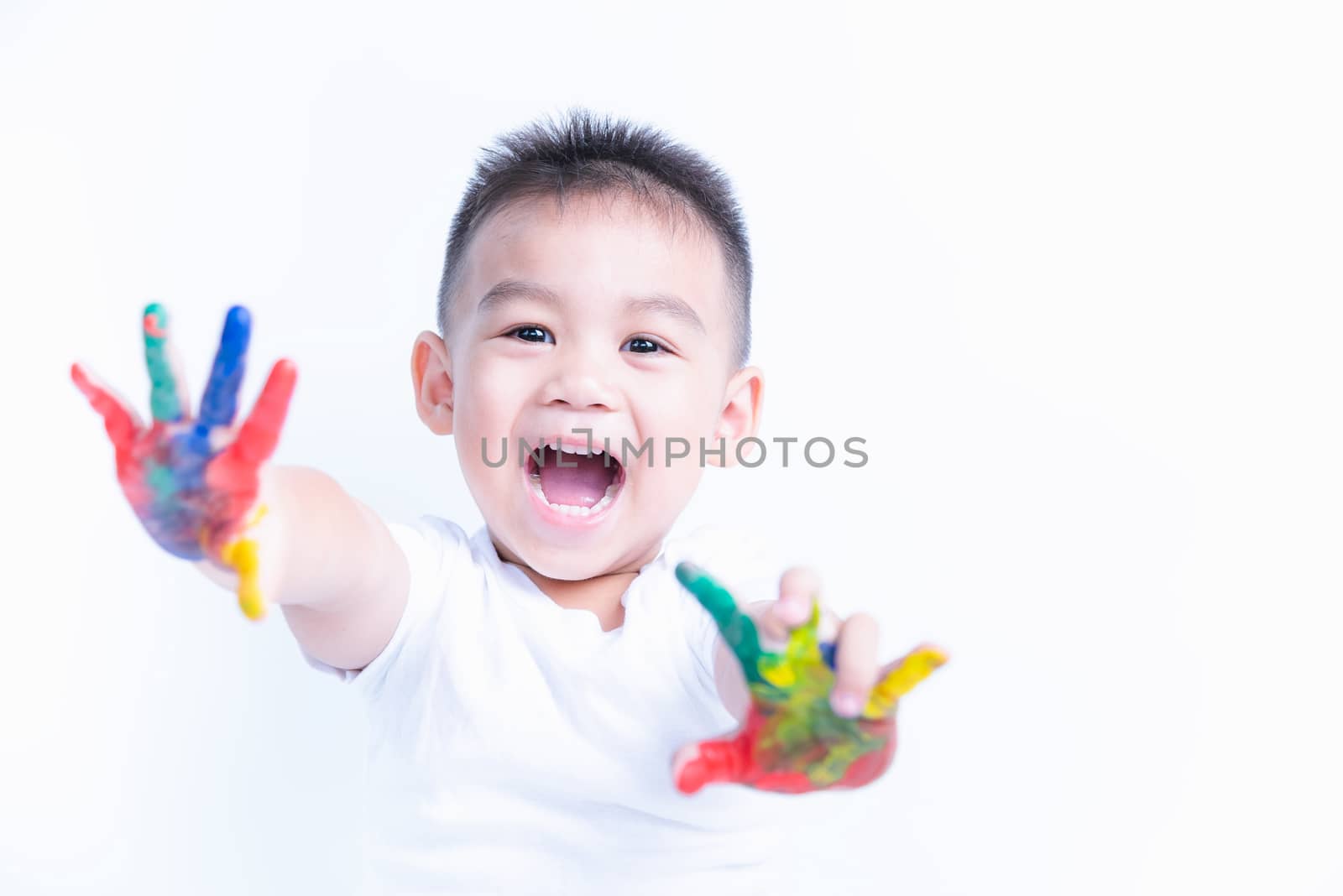 Portrait of Asian happy little baby boy happy face show hand he has watercolor or finger paint on hands the photography in the studio on with background, Baby 2-3 years