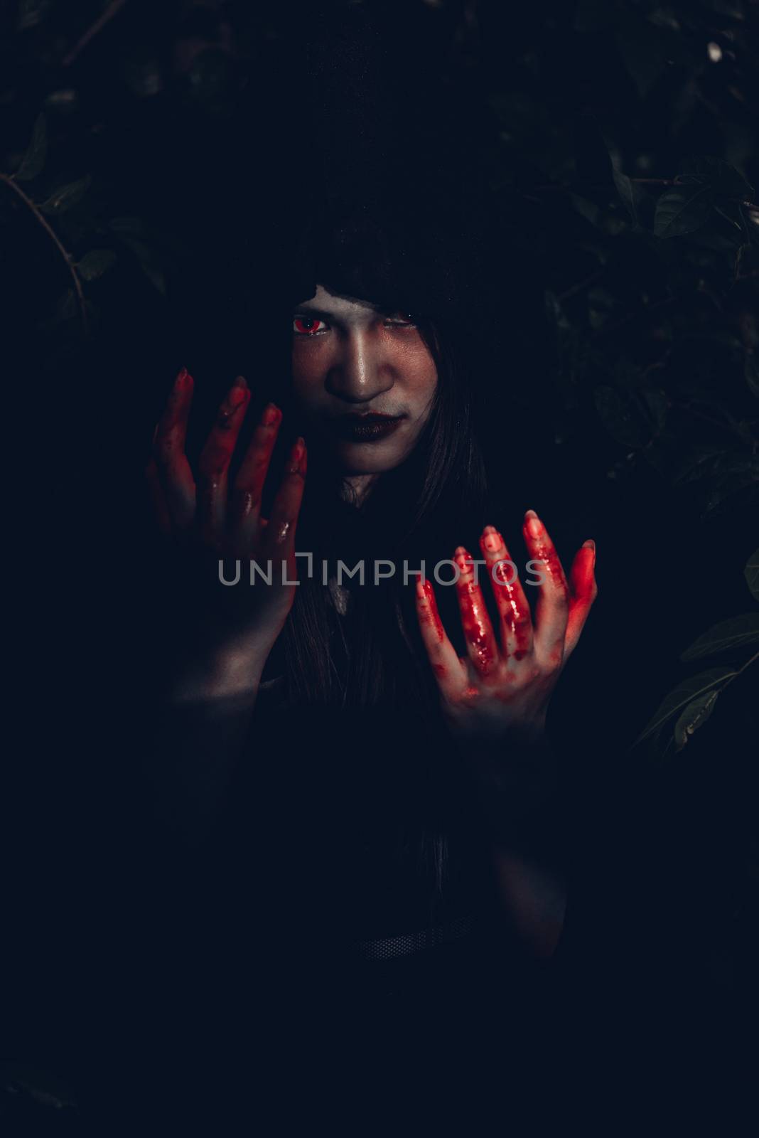 Woman devil ghost demon costume horror and scary she has red blood on hands, Happy Halloween day concept