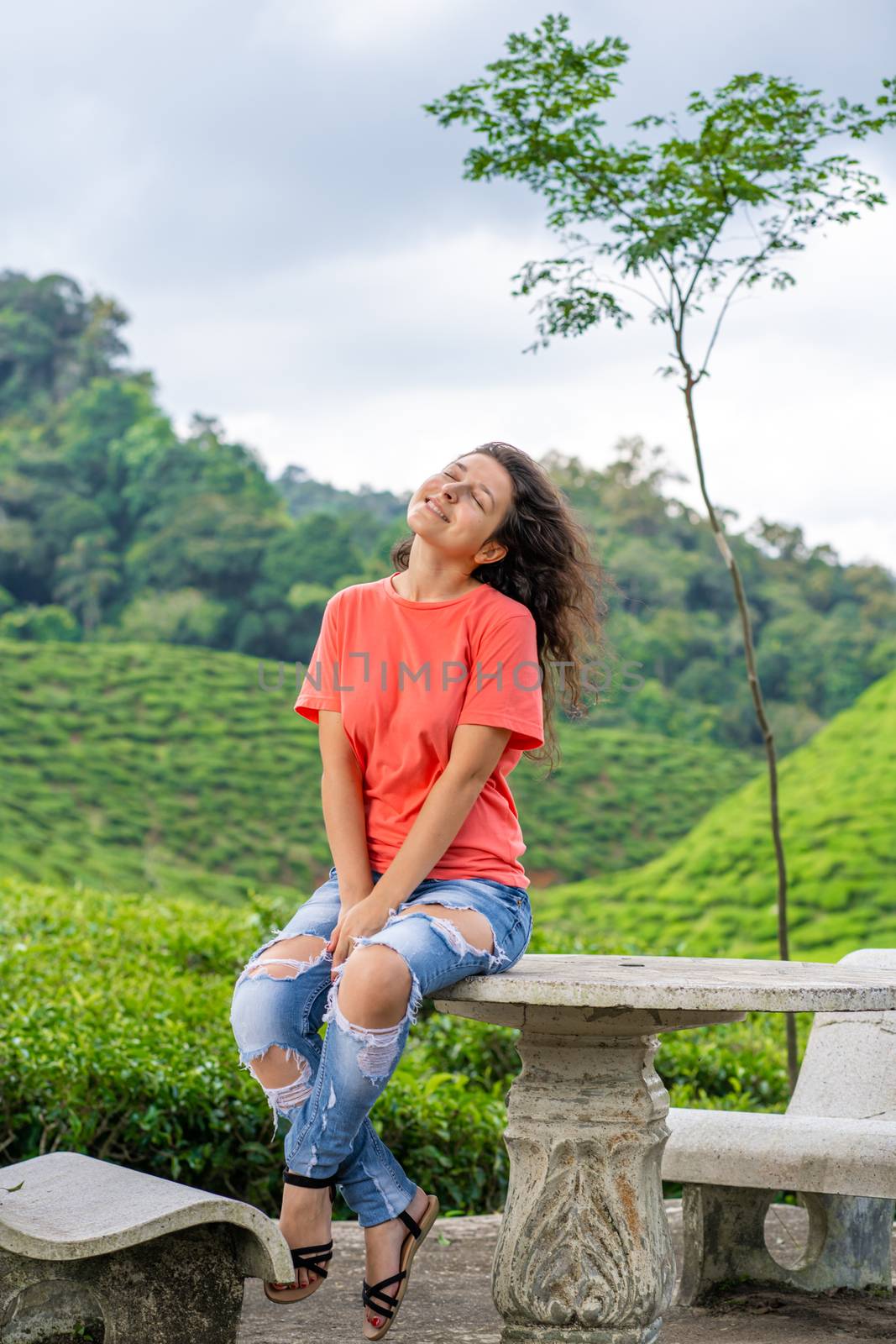 Beautiful brunette girl posing in the middle of the tea valley between green tea bushes
