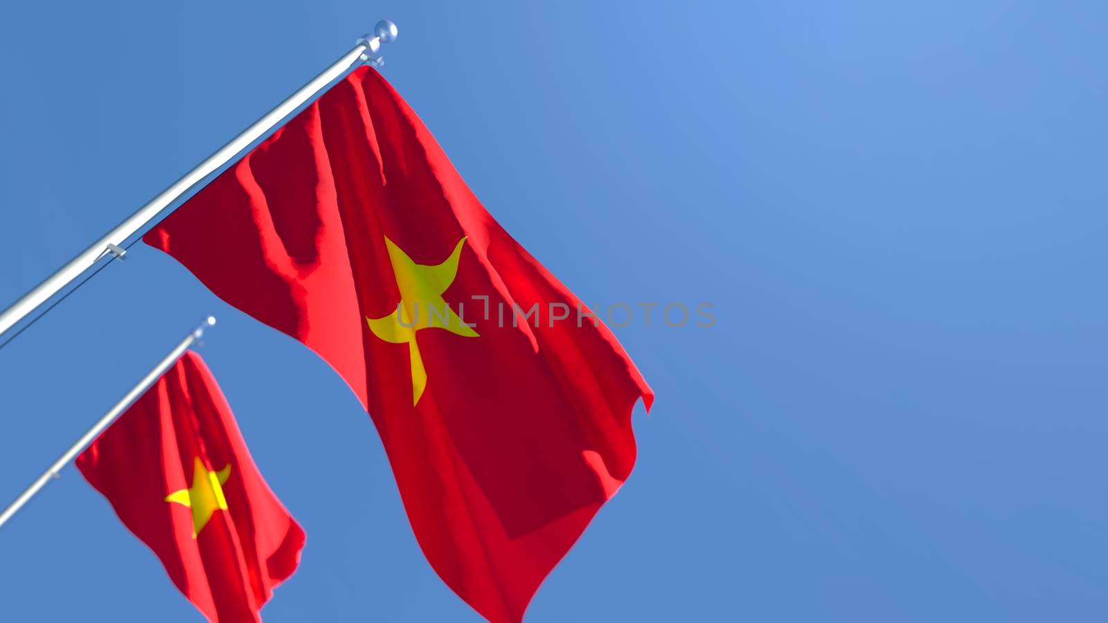 3D rendering of the national flag of Vietnam waving in the wind against a blue sky