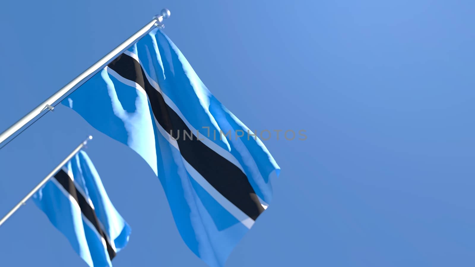 3D rendering of the national flag of Botswana waving in the wind against a blue sky