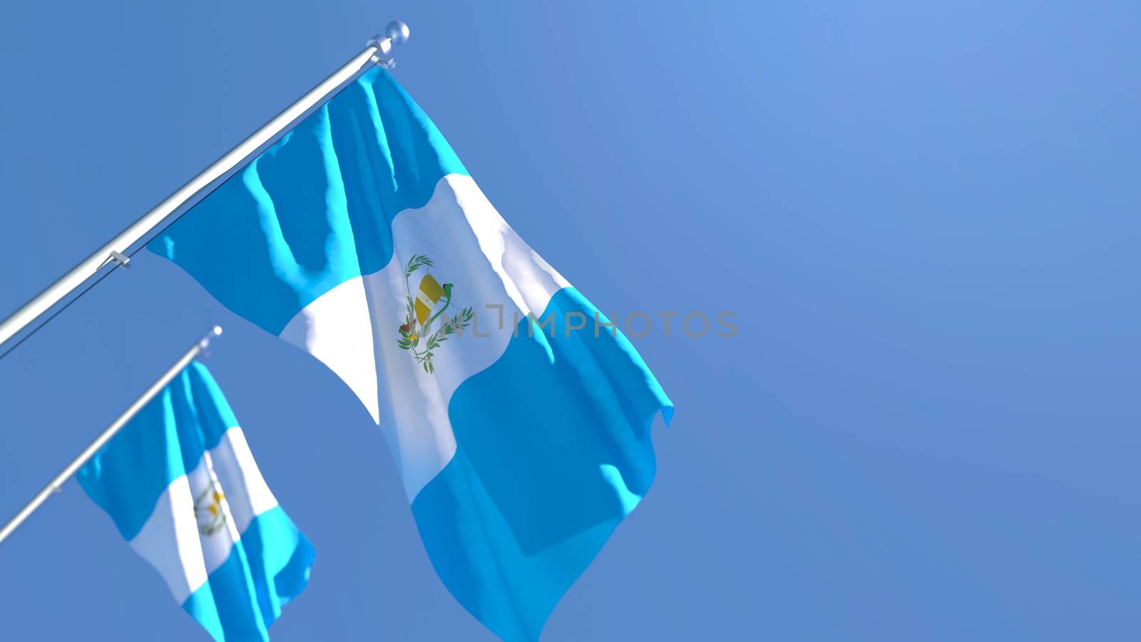 3D rendering of the national flag of Guatemala waving in the wind against a blue sky