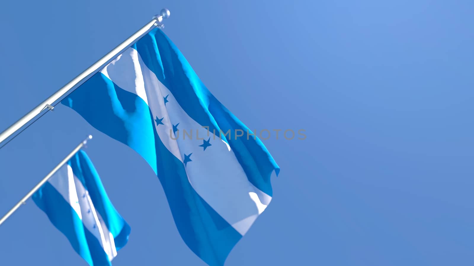 3D rendering of the national flag of Honduras waving in the wind against a blue sky