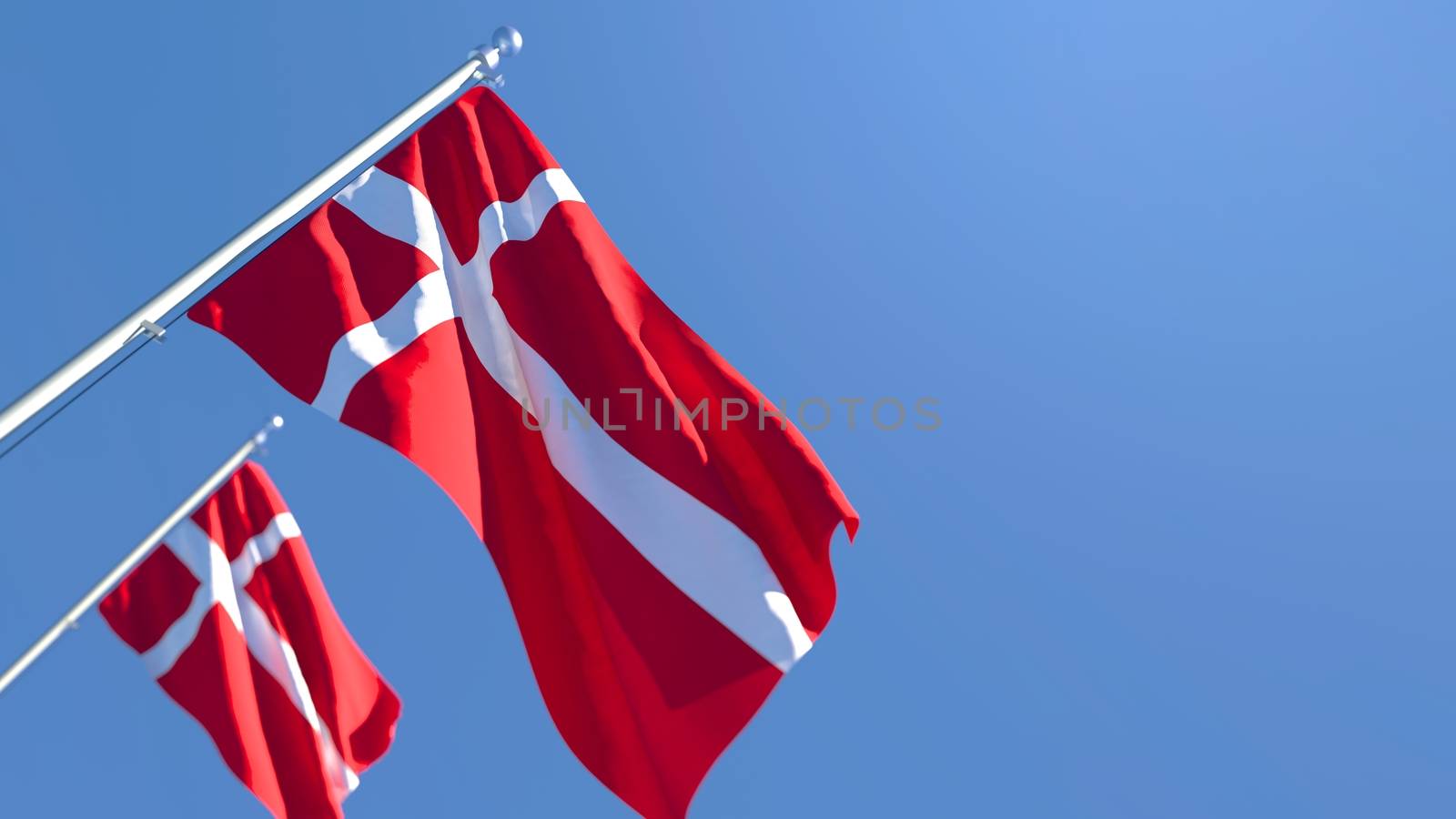 3D rendering of the national flag of Denmark waving in the wind against a blue sky