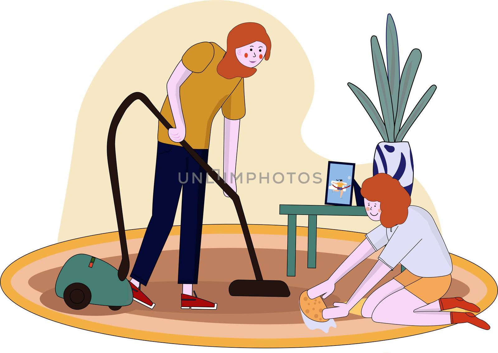 Mother and little daughter Cartoon housework. A young woman and a girl are washing the floor. The woman vacuums. cleaning the house and dusting together