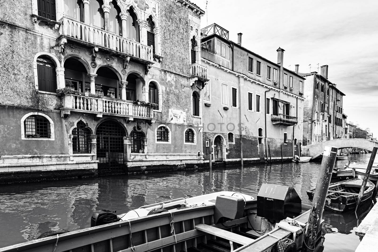 Deserted Venice in black and white. Museum City is situated across a group of islands that are separated by canals and linked by empty bridges.  