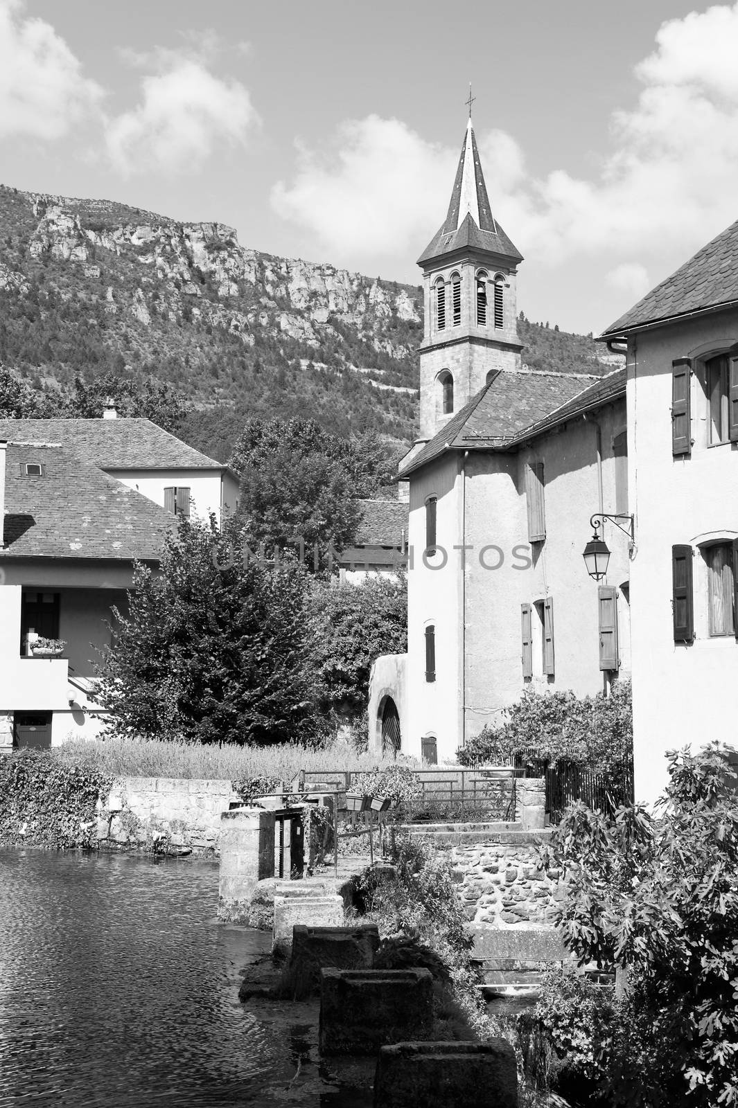 Deserted sights in France in black and white. Castle in medieval French city of Florac