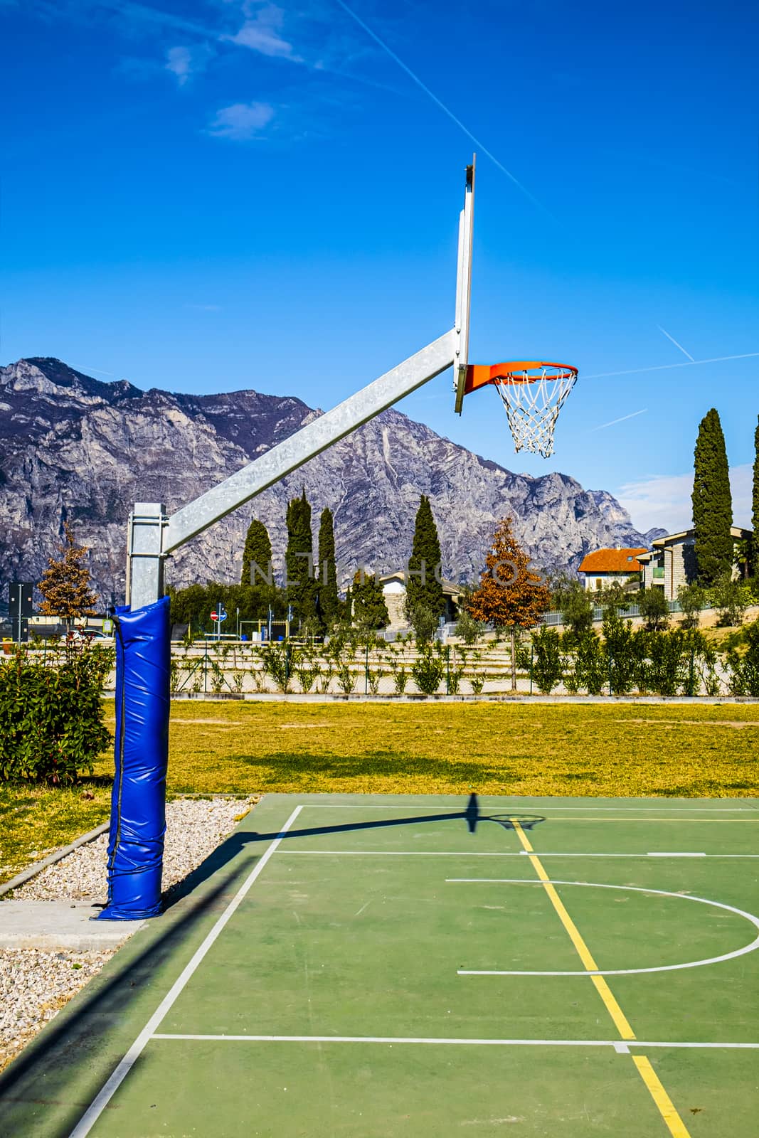 Deserted sports field on the shores of Lake Garda in Italy.