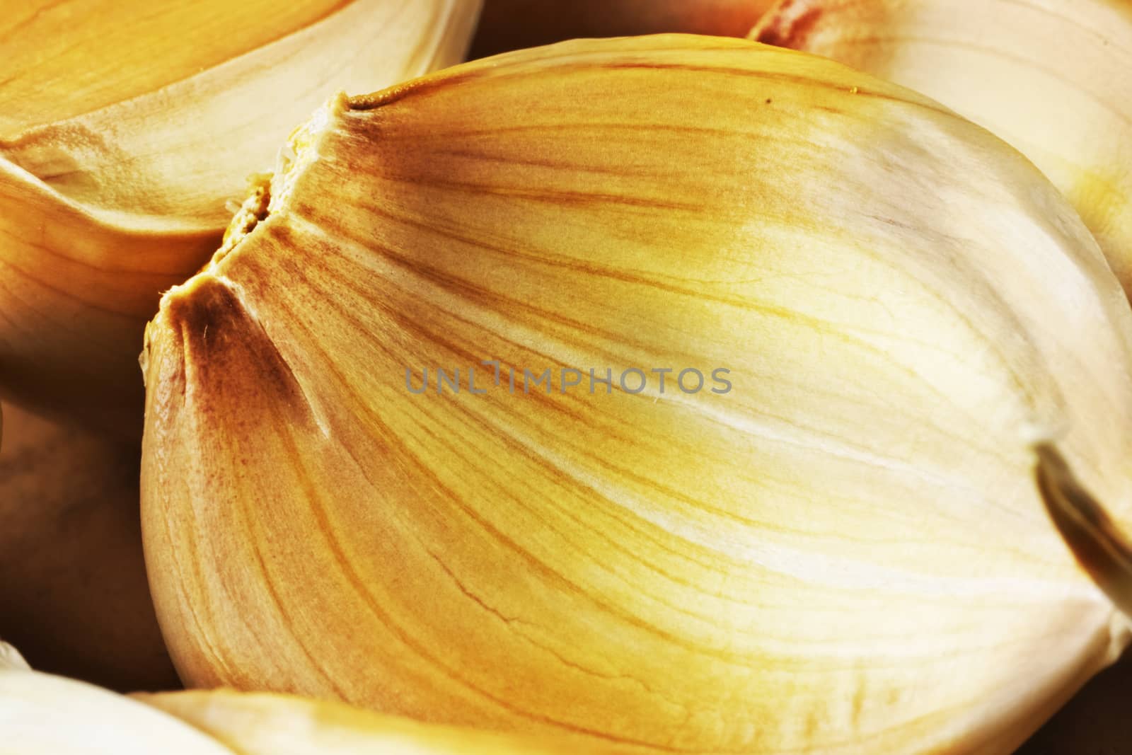 Close up of a beautiful  clove of garlic , bright and saturated colors to emphasize the texture , studio shot