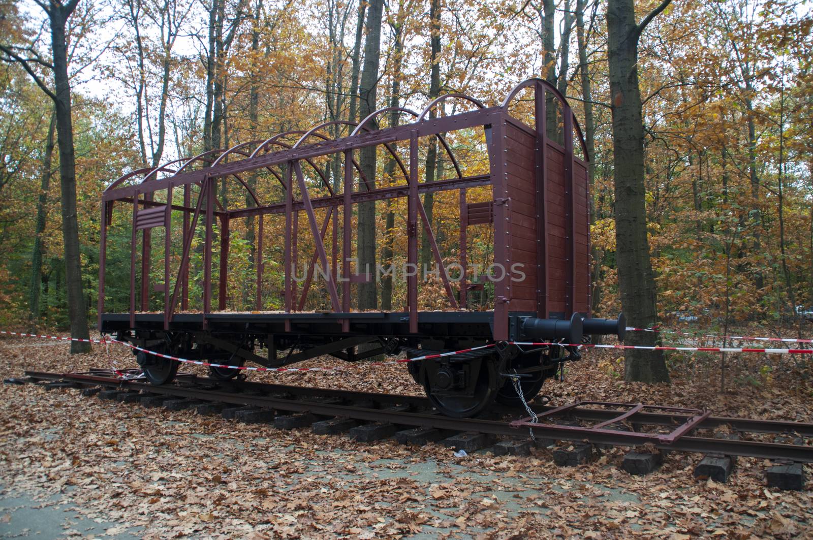 Old train wagon on the former railway track to the Westerbork transit camp, The Netherlands.