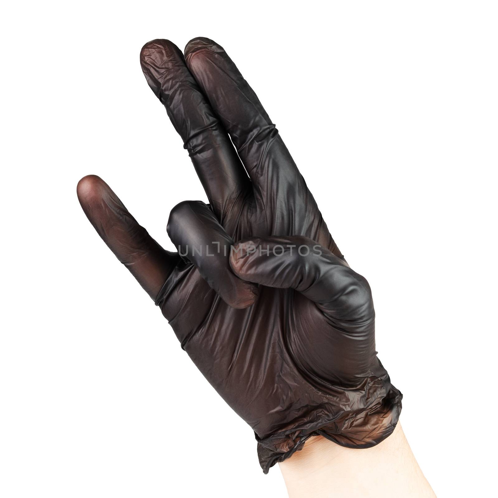 Two In The Pink One In The Stink - hand in black polyethylene glove shocker sexual gesture, isolated on white background.