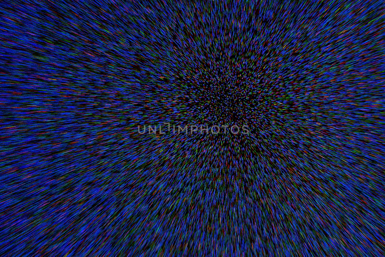 natural lens zoom explosion radial blurred red green blue dots on black background.